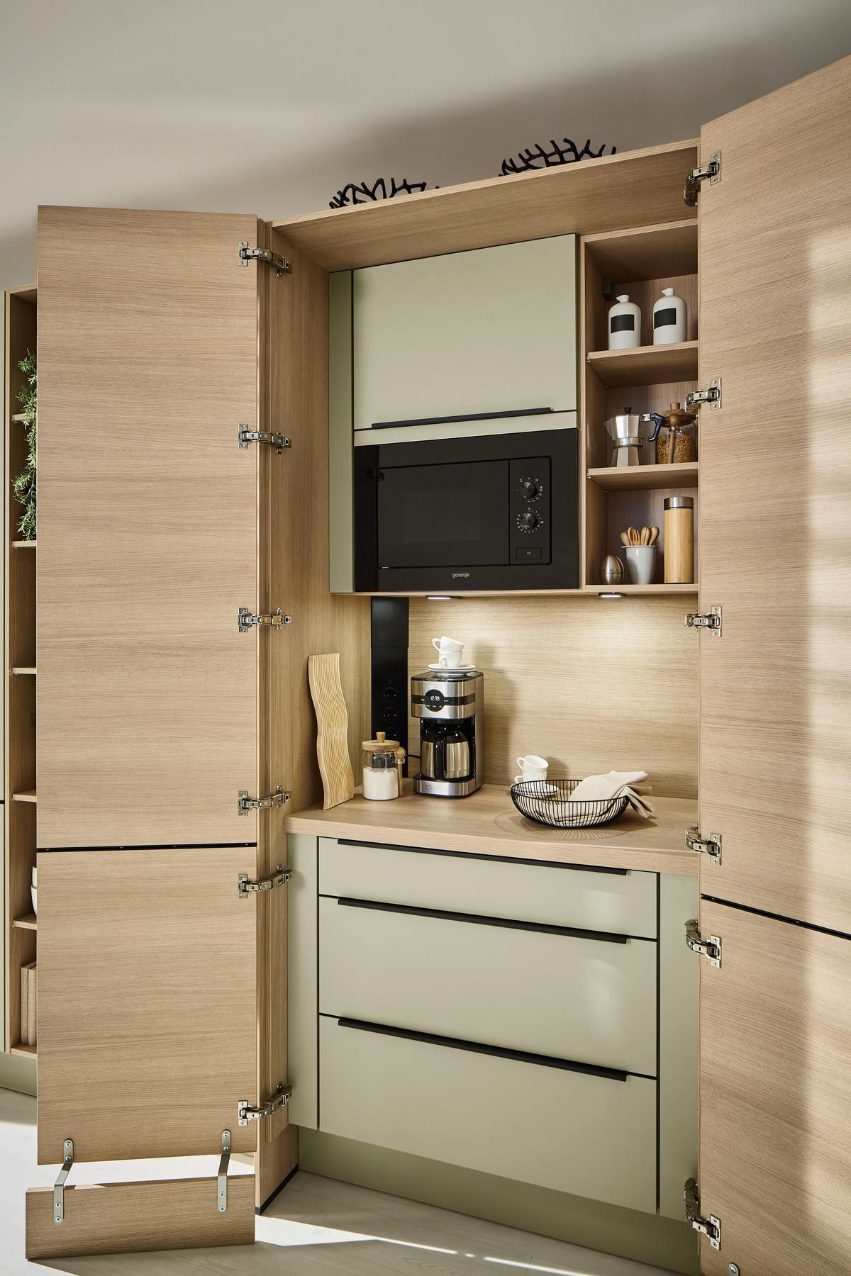 Einbauküche IP3150/2200 ohne Geräte, Salbeigrün/Eiche - Eichefarben/Salbeigrün, MODERN, Holzwerkstoff (350/284cm) - Impuls