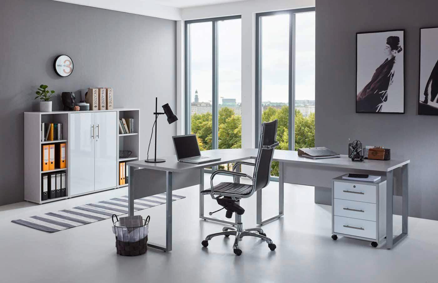 Büro Office Edition Set 2 Grau - Weiß Hochglanz/Grau, MODERN, Holzwerkstoff - MID.YOU