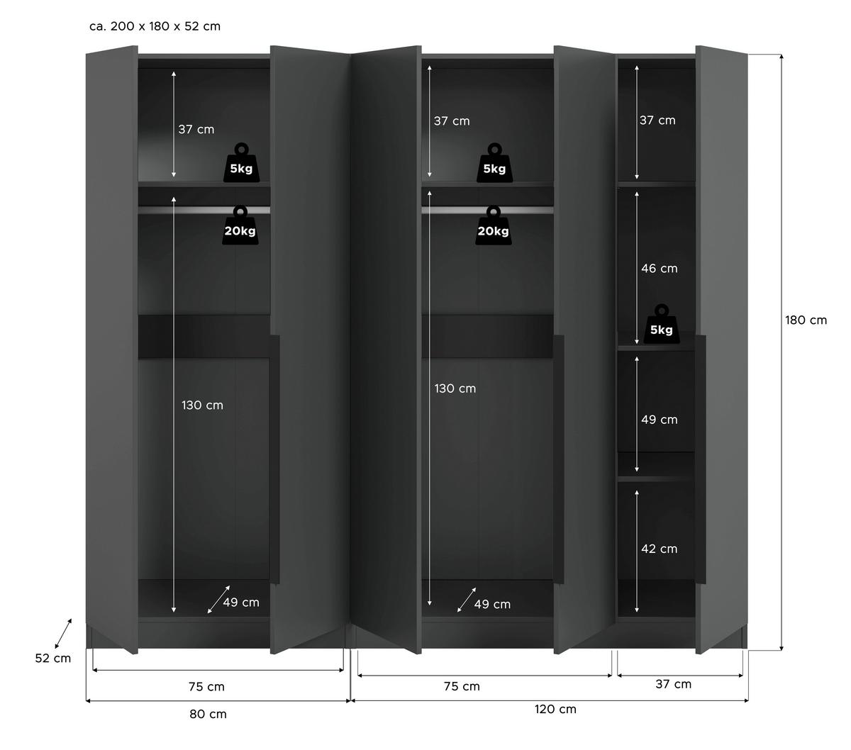 Drehtürenschrank KOPENHAGEN ca.200x181x52cm Anthrazit - Anthrazit/Schwarz, MODERN, Holzwerkstoff/Kunststoff (200/181/52cm) - MID.YOU