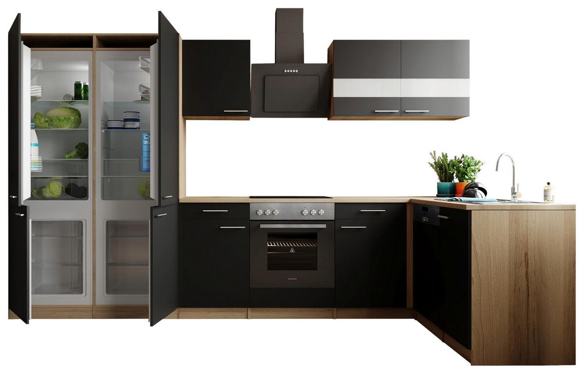 Eckküche Merle m. Geräten ca. 340x172cm Schwarz - Edelstahlfarben/Eichefarben, Trend, Holzwerkstoff/Metall (340/172cm) - Respekta