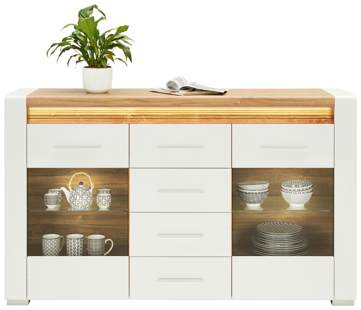 Sideboard Leonardo in Weiß Hochglanz - Chromfarben/Eichefarben, MODERN, Glas/Holzwerkstoff (160/96/40cm) - Mömax