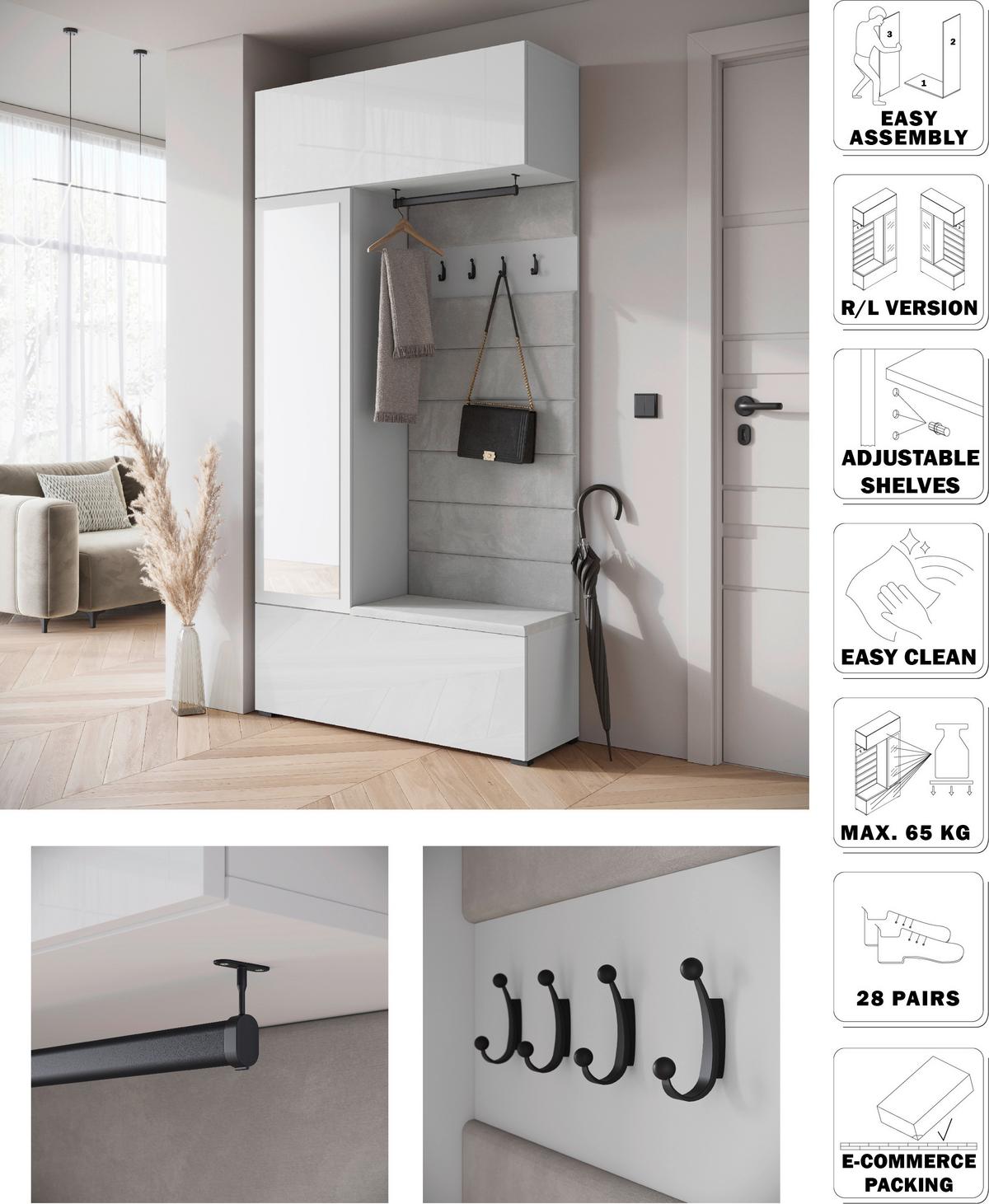 Garderobe Tejo ca. 115x232 cm Weiß hgl. - Weiß Hochglanz/Weiß, Trend, Holzwerkstoff (115/231,9/37,5cm) - Livetastic