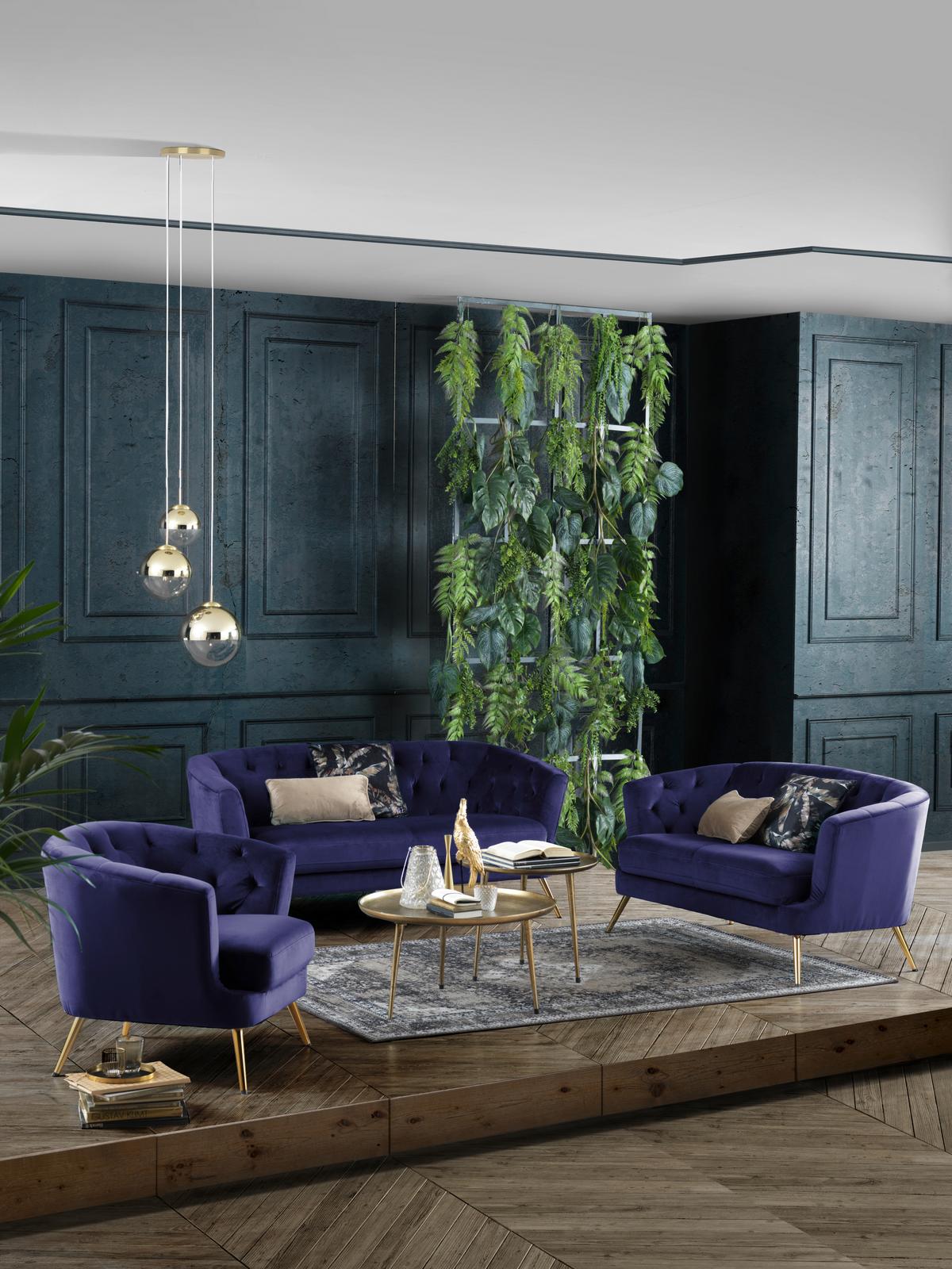 Fotelj Chesterfield Lita, Modra, Žamet - zlate barve/modra, Moderno, kovina/tekstil (89/78/83cm) - Modern Living