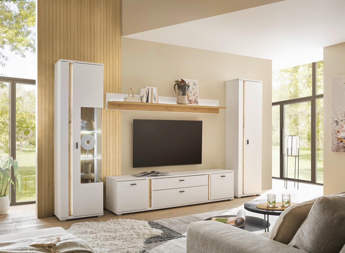WOHNWAND LONG ISLAND - Eiche Wotan/Silberfarben, Design, Glas/Holzwerkstoff (330/200/42cm) - MID.YOU