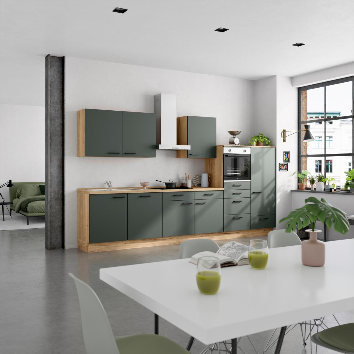 Küchenblock Touch Low m. Geräten Dunkelgrün - Dunkelgrün/Eichefarben, MODERN, Holzwerkstoff/Metall (360cm) - Nobilia