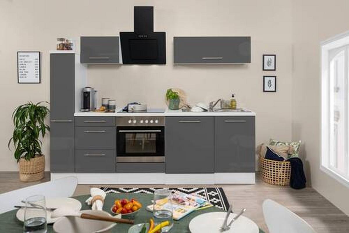 Küchenzeile Grau Hochglanz/ Weiß mit Geräte B: ca. 250 cm - Alufarben/Schwarz, KONVENTIONELL, Holzwerkstoff (250cm) - Respekta
