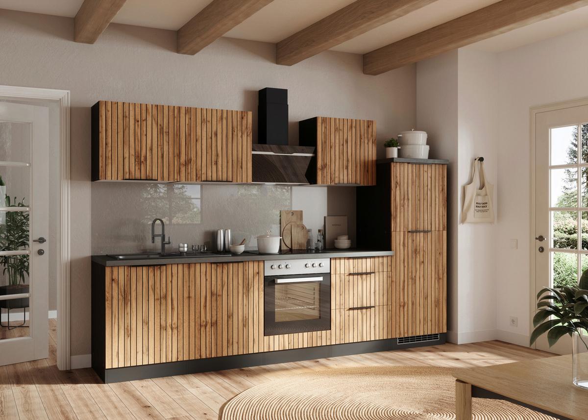 Küchenblock Liverpool m. Geräten Graphit/Eichefarben - Schieferfarben/Eiche Wotan, Basics, Holzwerkstoff/Metall (300cm) - Held