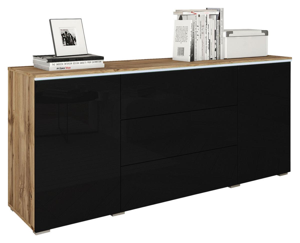 Sideboard Vera mit LED ca. 150 cm Schwarz/Eiche Wotan - Schwarz Hochglanz/Eiche Wotan, LIFESTYLE, Holzwerkstoff/Kunststoff (150/67,9/39,5cm) - P & B
