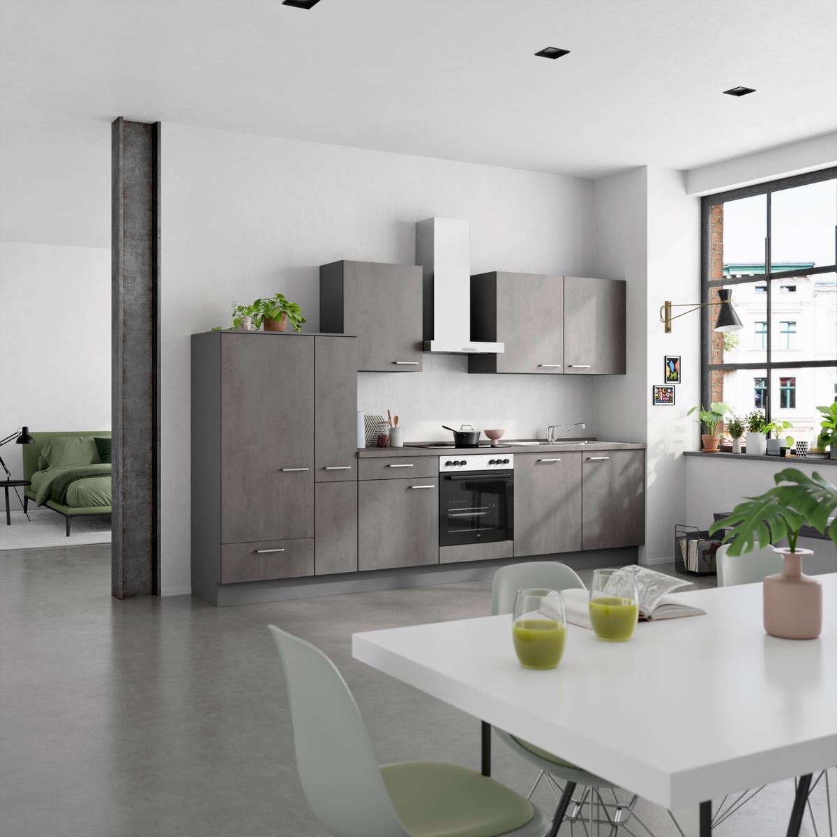 Küchenblock Riva Low m. Geräten Schieferfarben - Schieferfarben/Edelstahlfarben, MODERN, Holzwerkstoff/Metall (330cm) - Nobilia