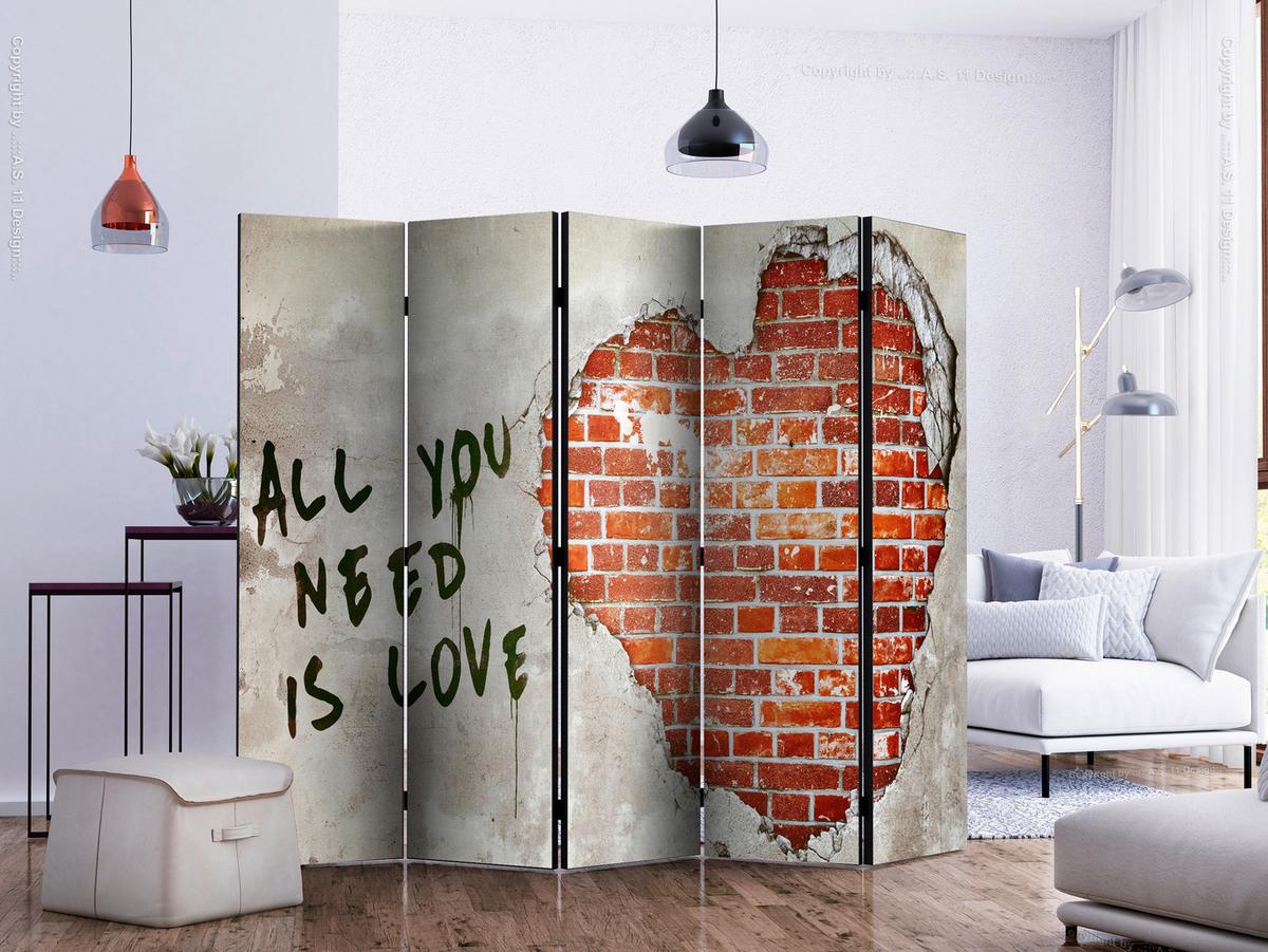 Paravan Love Is All You Need I, 5-Delni, Dvostranski - rdeča/siva, Basics, tekstil/les (225/172/3cm) - artgeist
