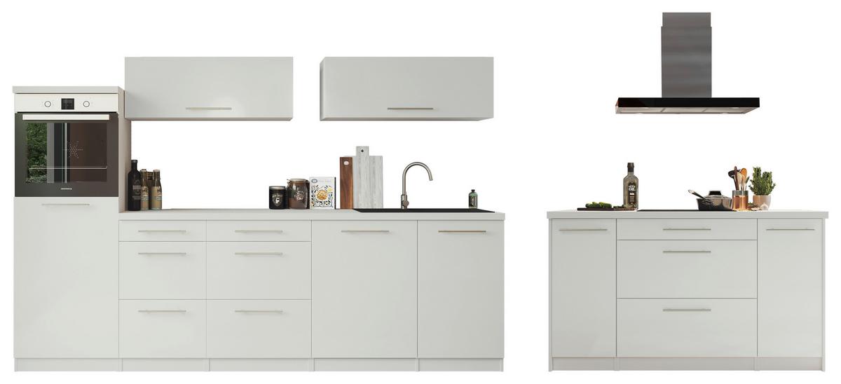 Inselküche Premium Weiss Hochglanz m. Geräten B: 280 cm - Weiß, MODERN, Holzwerkstoff/Metall (280/160cm) - Respekta