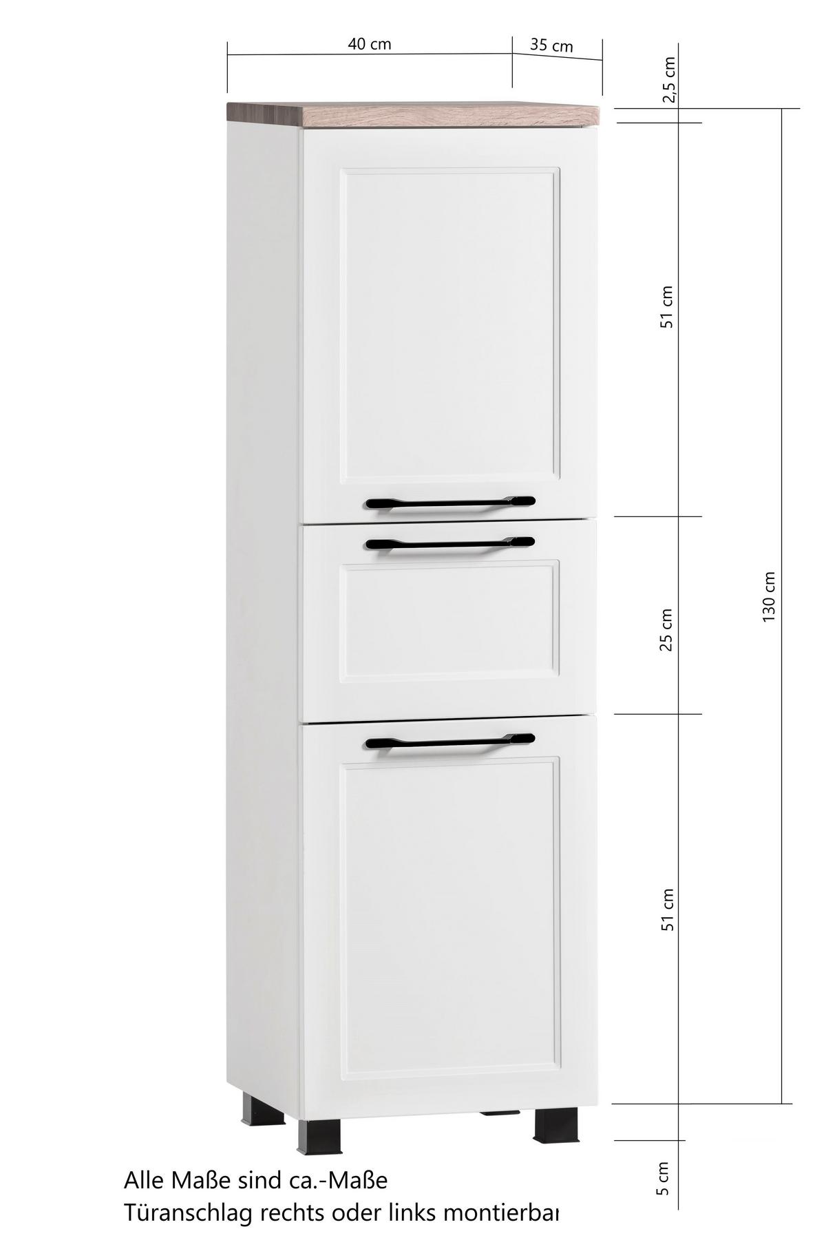 Hochschrank in Weiß/Eiche - Eiche Wotan/Schwarz, ROMANTIK / LANDHAUS, Holzwerkstoff/Kunststoff (40/130/35cm) - Mömax