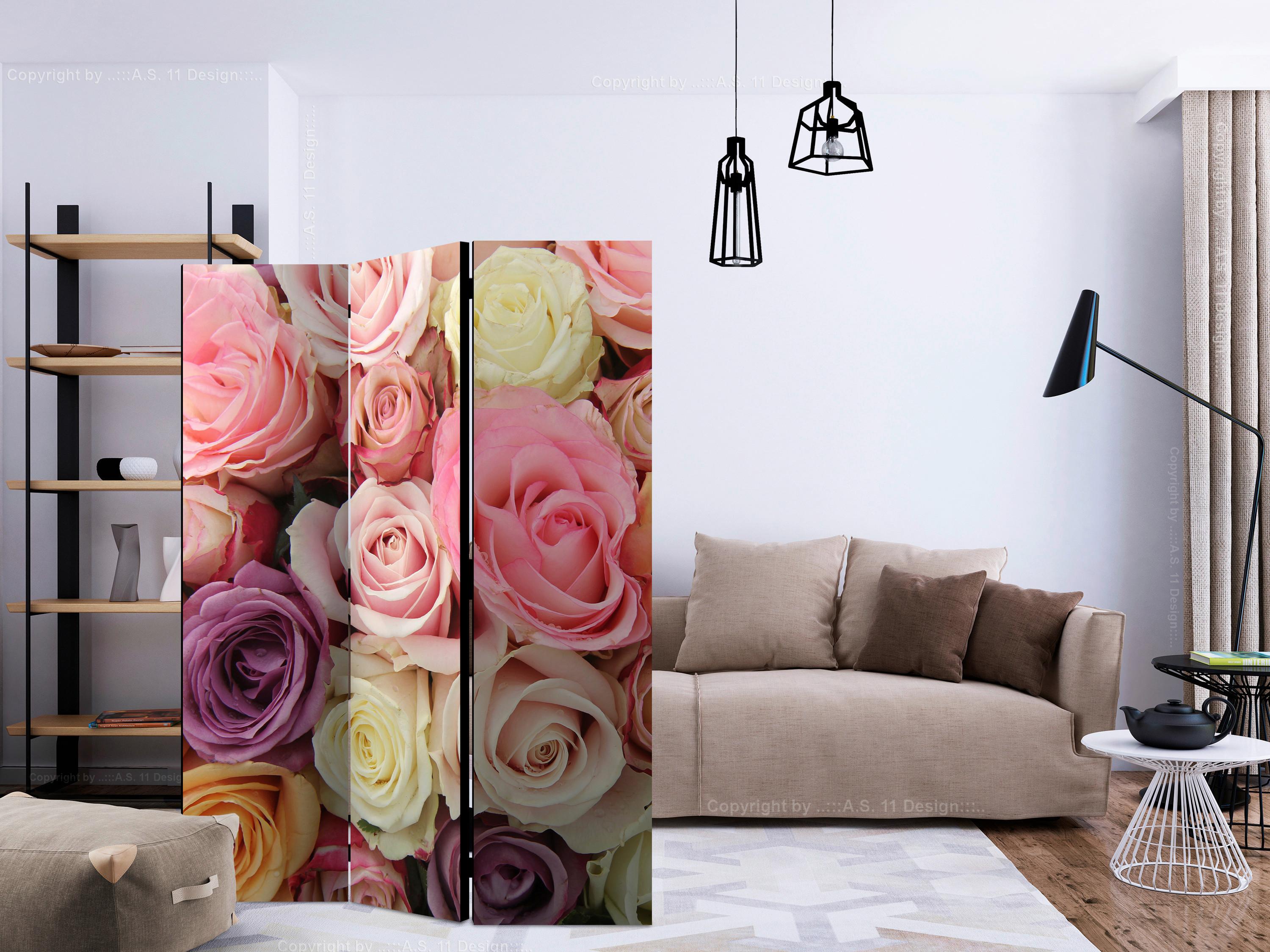 Paravan Pastel Roses, 3-Delni, Dvostranski - vijolična/svetlo roza, Basics, tekstil/les (135/172/3cm) - artgeist