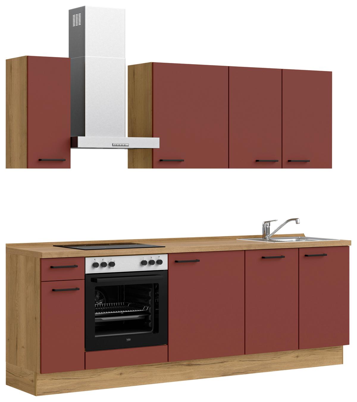 Küchenblock Easytouch Low m. Geräten Dunkelrot - Eichefarben/Schwarz, MODERN, Holzwerkstoff/Metall (240cm) - Nobilia