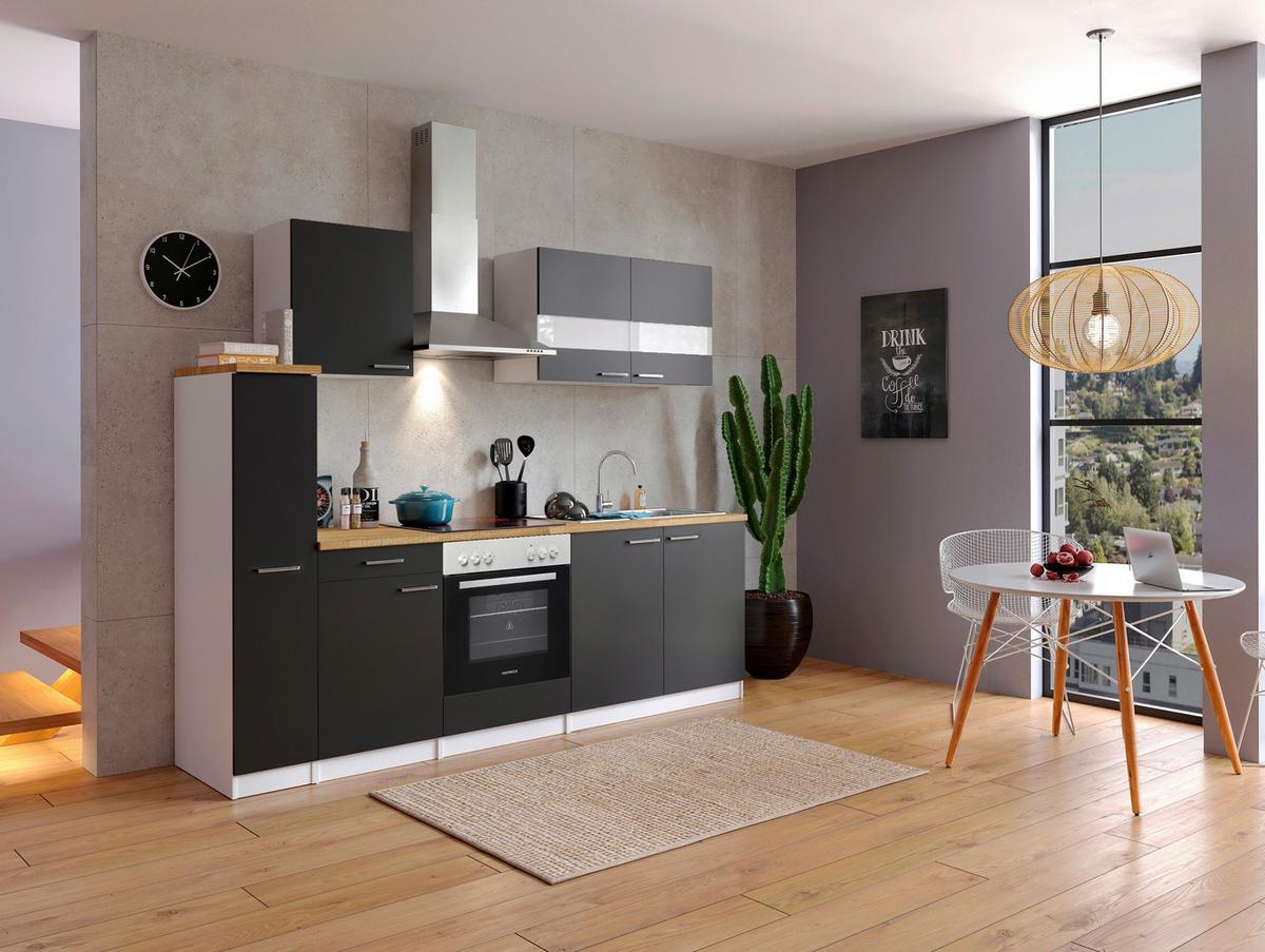 Küchenblock Malia mit Geräten ca. 240 cm Schwarz - Edelstahlfarben/Nussbaumfarben, Basics, Holzwerkstoff/Metall (240cm) - Respekta