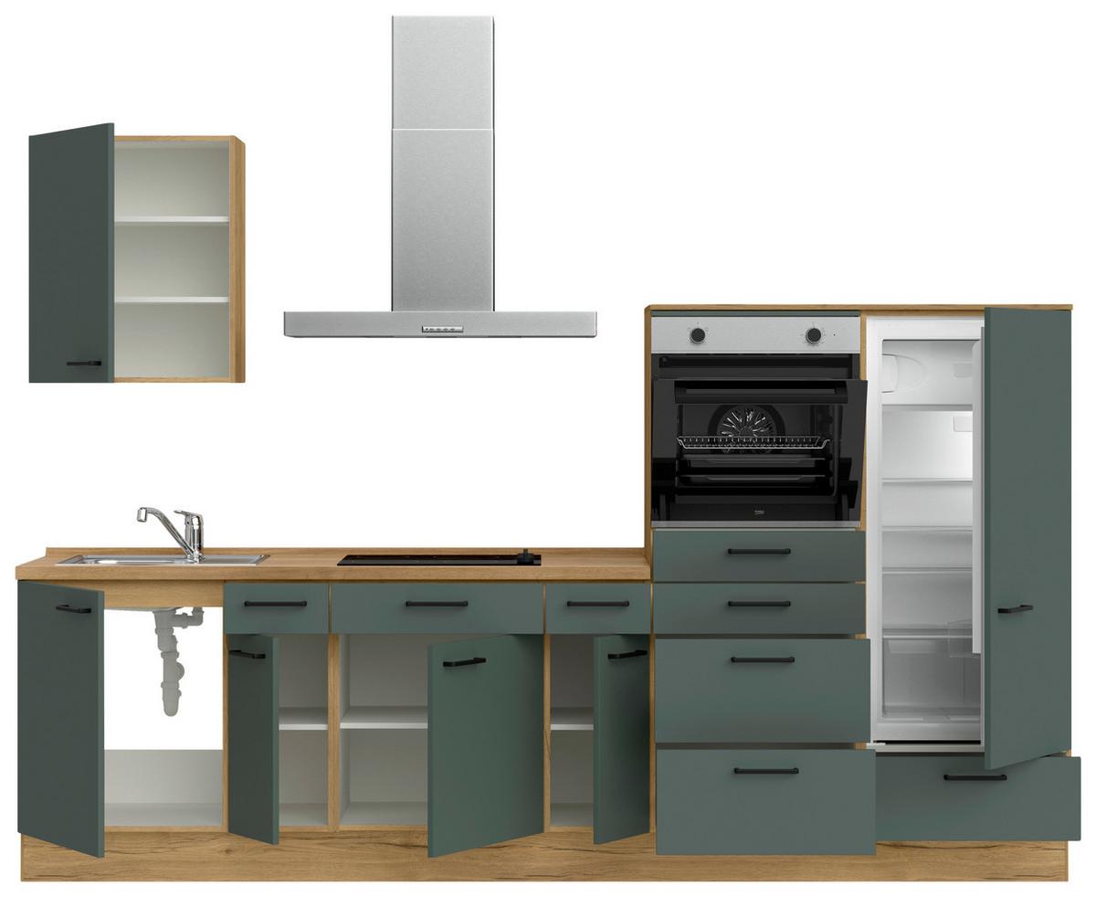 Küchenblock Easytouch Low m. Geräten Dunkelgrün - Dunkelgrün/Eichefarben, MODERN, Holzwerkstoff/Metall (300cm) - Nobilia