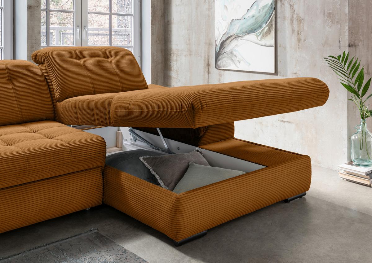 Ecksofa mit Bettkasten Rigatti ca. 314x184 cm Goldfarben - Goldfarben/Schwarz, MODERN, Textil/Metall (314/184cm) - Livetastic