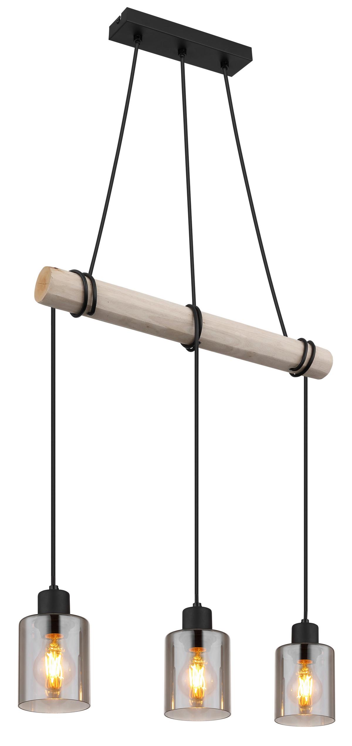 Hängeleuchte Hadera max. 40 Watt - Schwarz/Naturfarben, Natur, Glas/Holz (50/10/140cm) - Globo