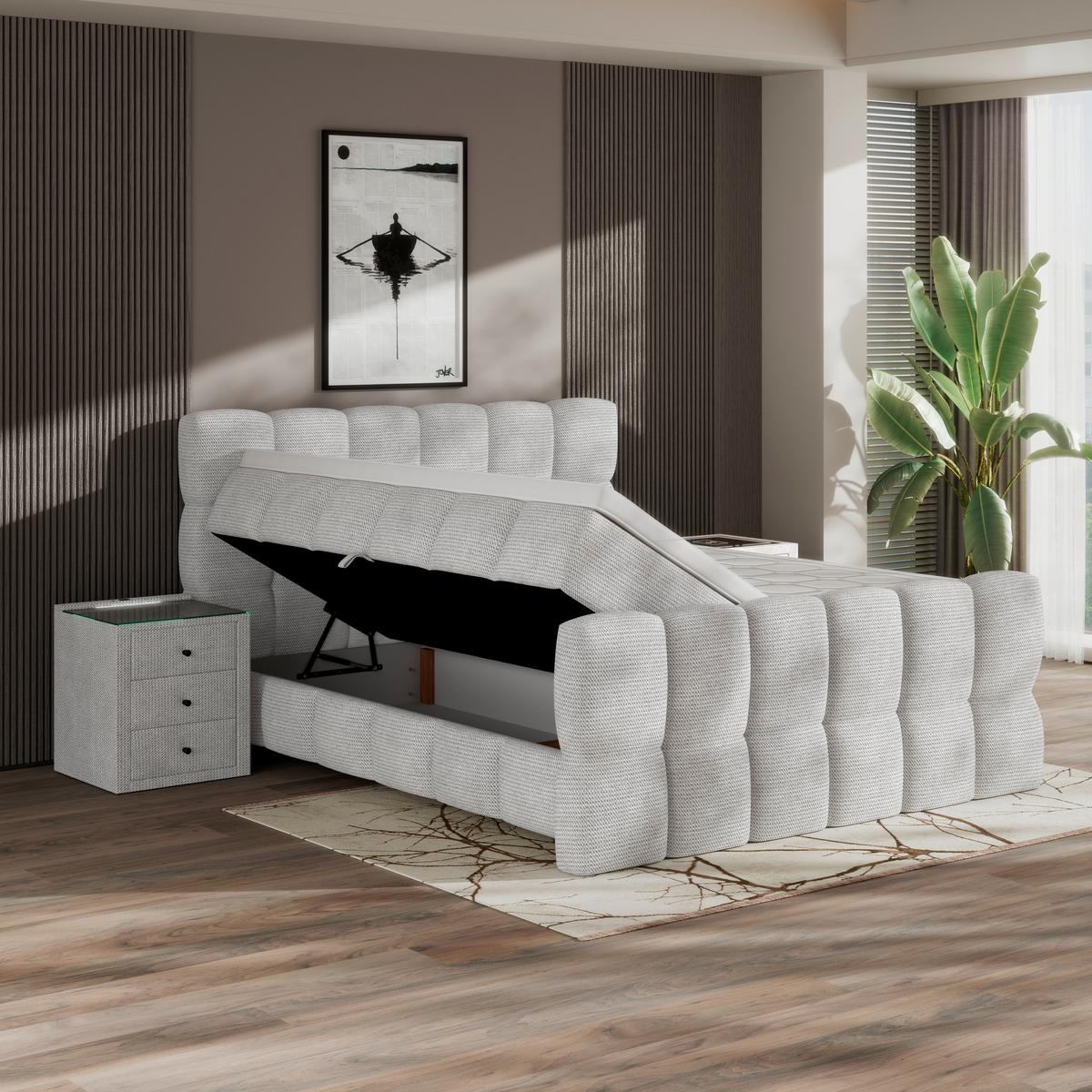 Postelja Boxspring Brisbane, Sivobela, 180x200 - črna/sivobela, Trend, umetna masa/tekstil (180/200cm) - Premium Living