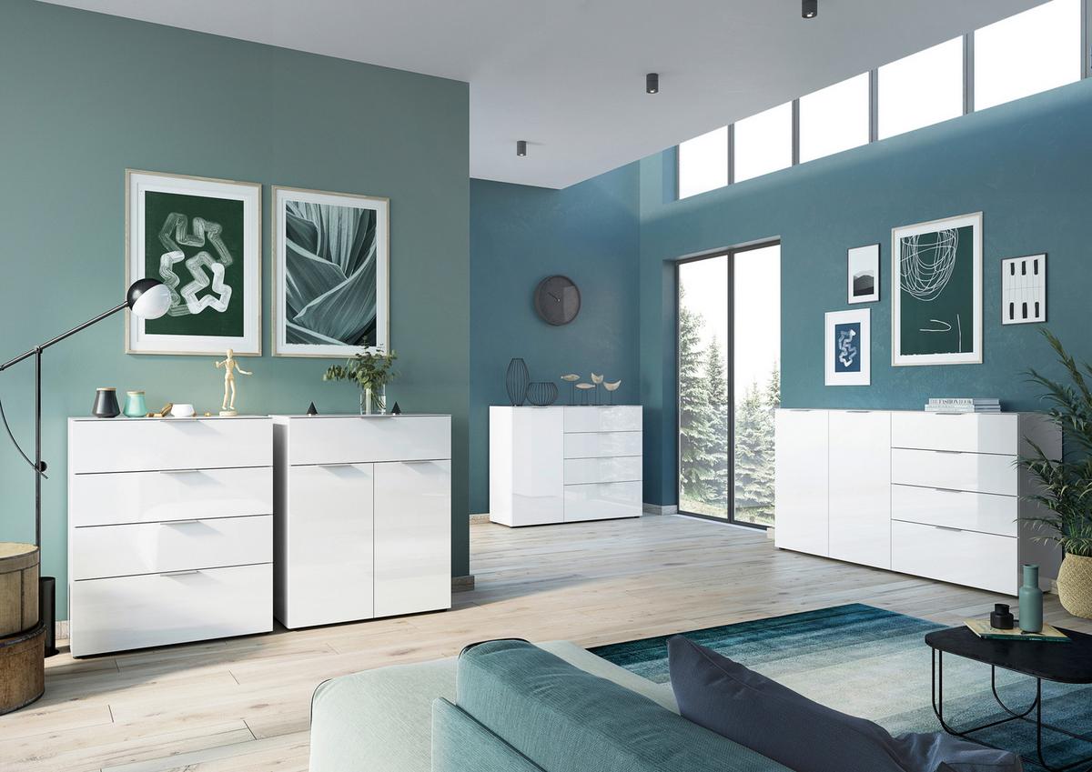 Kommode Oakland in Weiss - Weiss/Silberfarben, Modern, Glas/Holzwerkstoff (83/102/42cm) - Premium Living