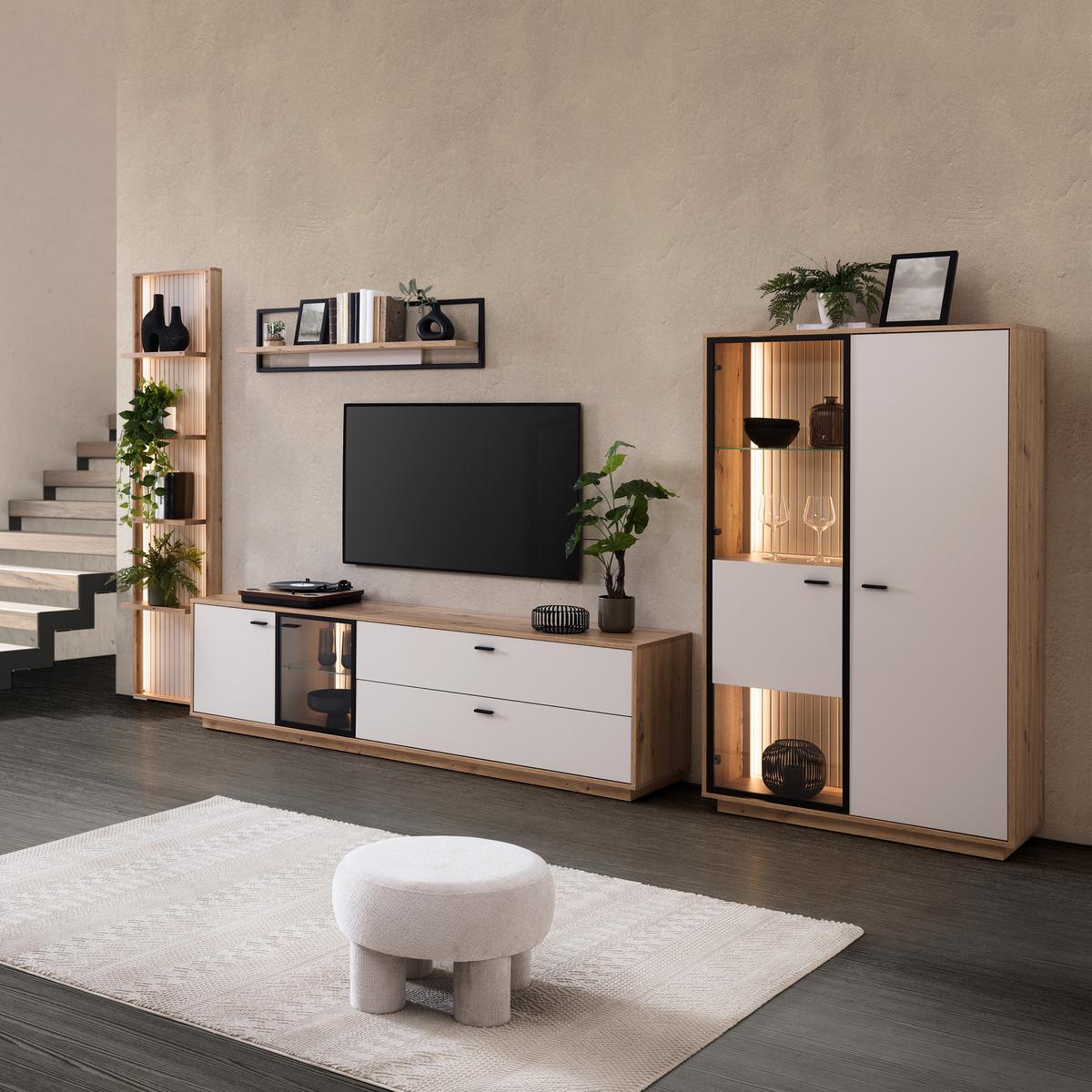 Highboard Cremona Kaschmir/Eiche Artisan - Kaschmir/Schwarz, MODERN, Glas/Holzwerkstoff (100,3/161,7/38cm) - Premium Living