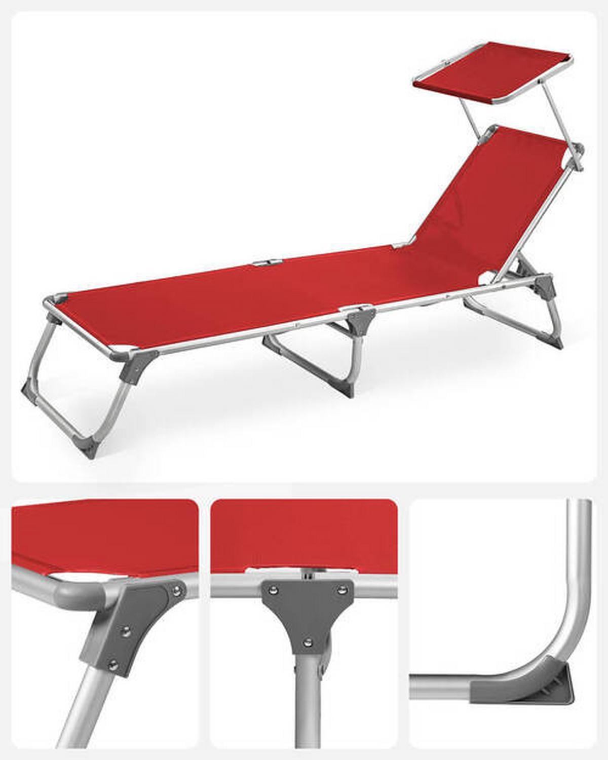 Gartenliege Rot/Alufarben mit Sonnendach - Rot/Alufarben, MODERN, Textil/Metall (55/31/193cm) - Modante