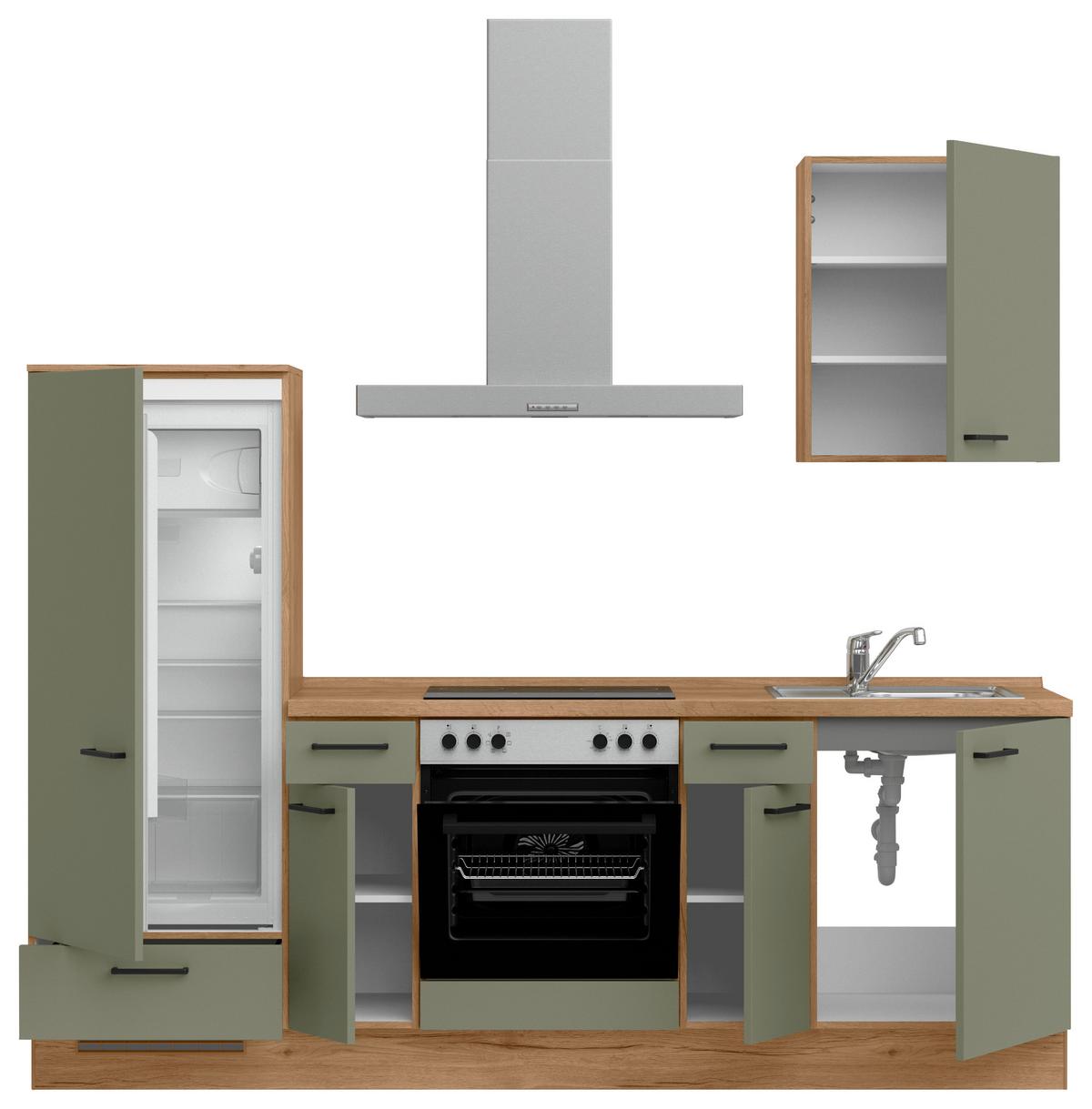 Küchenleerblock Senso Low o. Geräte Olivgrün - Eichefarben/Schwarz, MODERN, Holzwerkstoff/Metall (240cm) - Nobilia