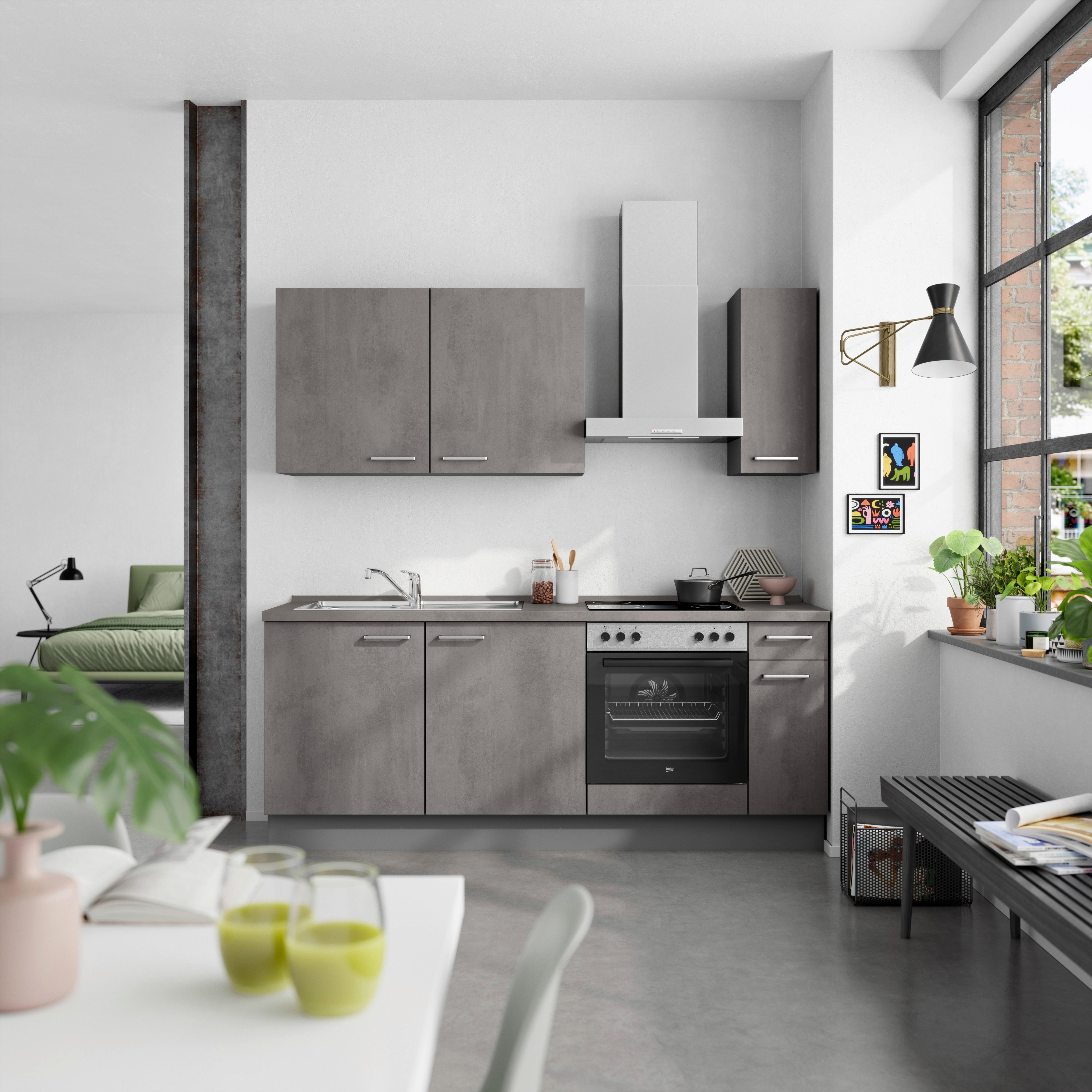 Küchenblock Riva Low m. Geräten Schieferfarben - Schieferfarben/Edelstahlfarben, MODERN, Holzwerkstoff/Metall (210cm) - Nobilia