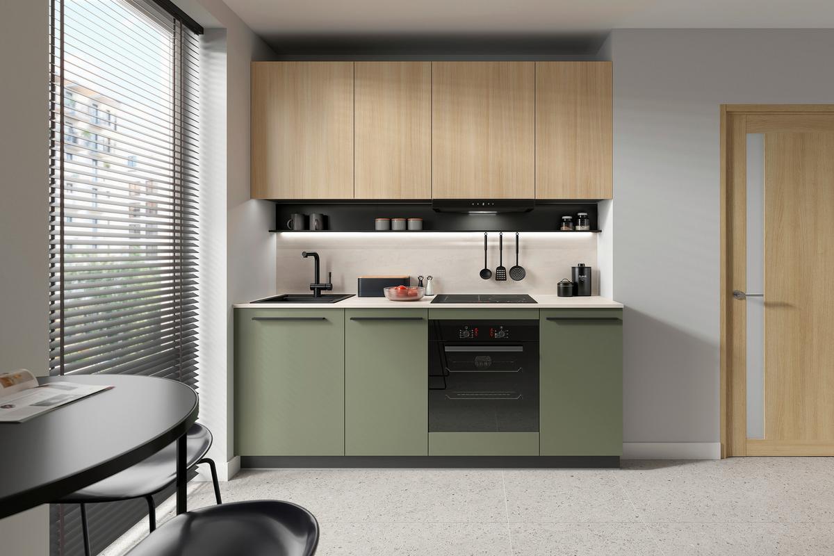 Küchenblock Milino o. E-Geräte Dunkelgrün - Dunkelgrün/Eichefarben, Basics, Holzwerkstoff/Kunststoff (210cm) - Visiona