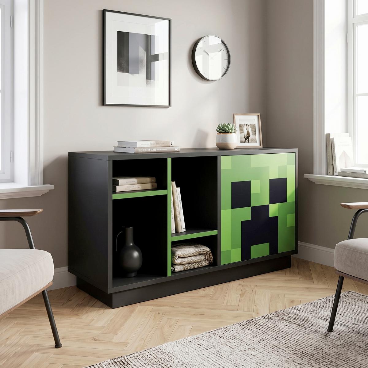 Široka Komoda Minecraft, Črna - črna/zelena, Moderno, steklo/leseni material (108/61/37cm) - Minecraft
