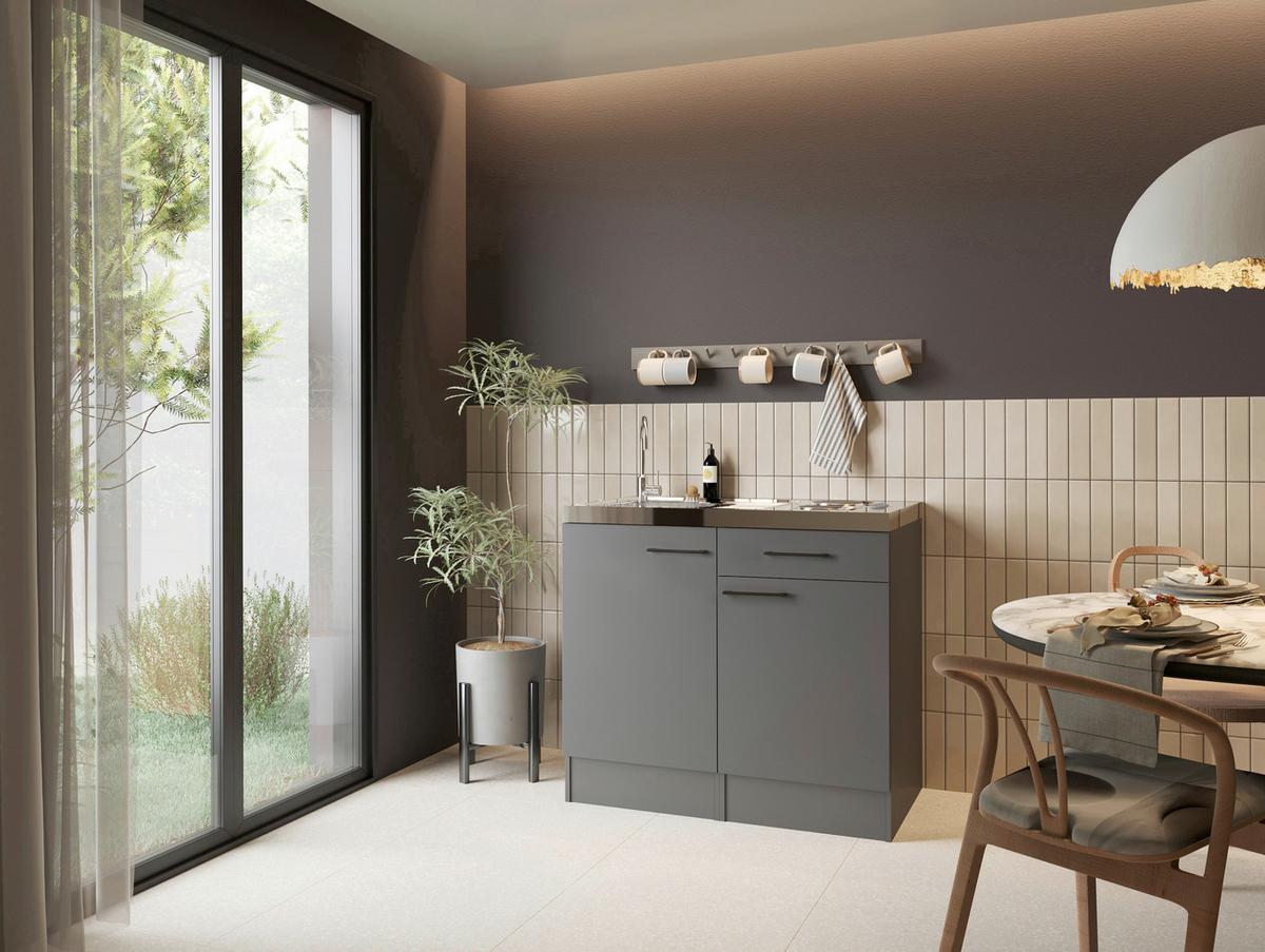 Miniküche Oliver m. Gerät ca. 100cm Grau - Schwarz/Grau, Trend, Holzwerkstoff/Metall (100cm) - Respekta