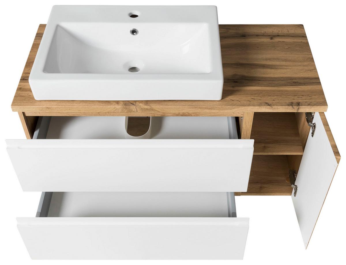 Waschtischkombi ''Varese'', Weiß/Eiche Wotan - Eiche Wotan/Weiß, MODERN, Keramik/Holzwerkstoff (105cm) - Held