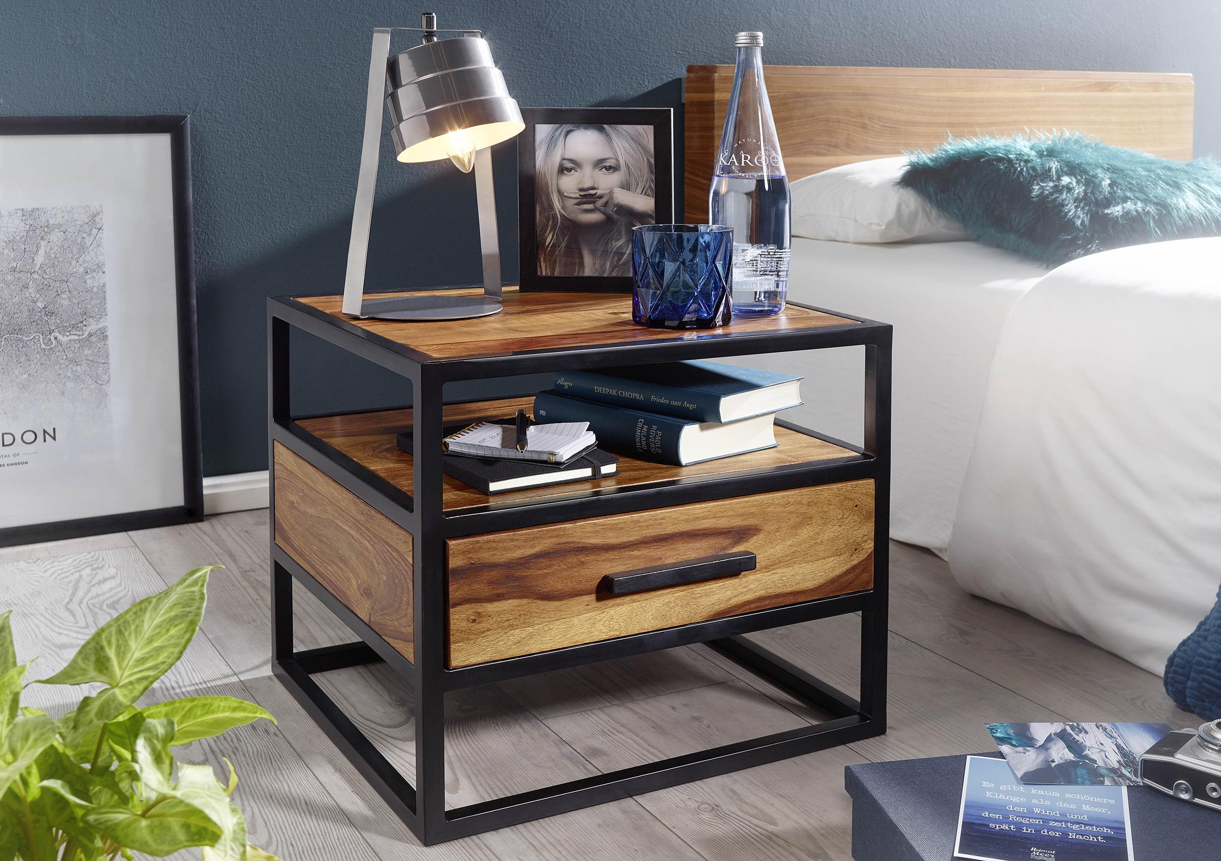 Nachtkästchen "WL5.624", aus Sheesham - Sheeshamfarben/Schwarz, MODERN, Holz/Metall (50/45/45cm) - MID.YOU