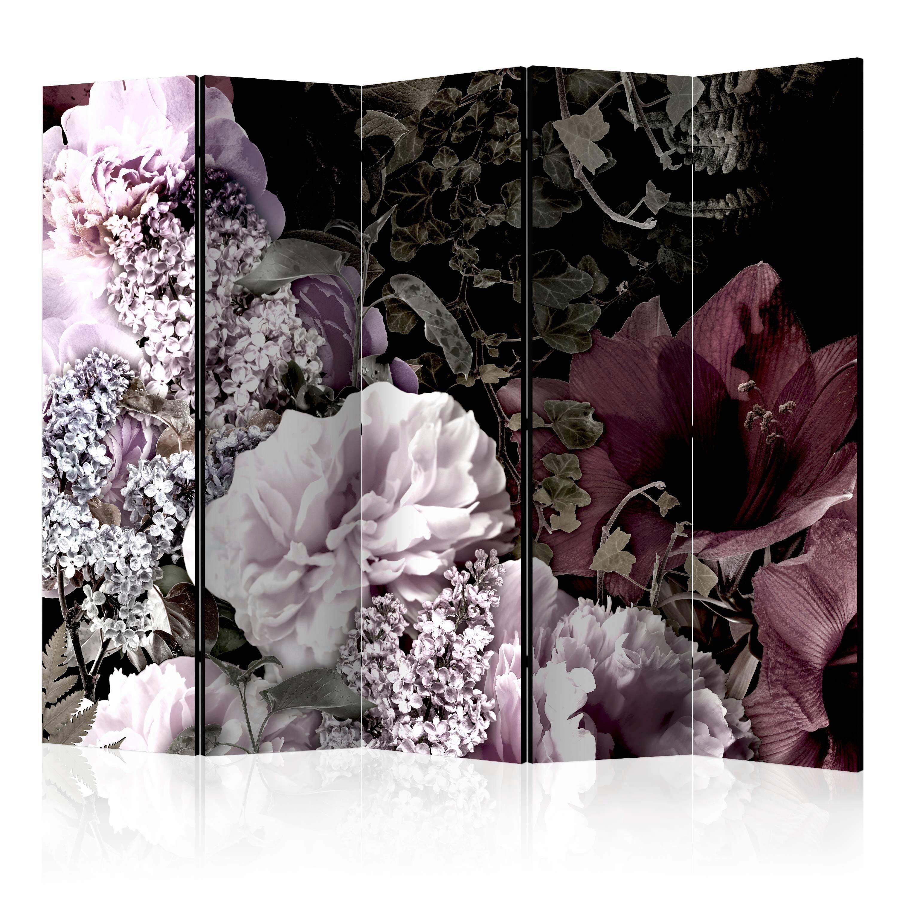 Paravan Vintage Garden I, 5-Delni, Dvostranski - magenta/barve gozdnih sadežev, Basics, tekstil/les (225/172/3cm) - artgeist