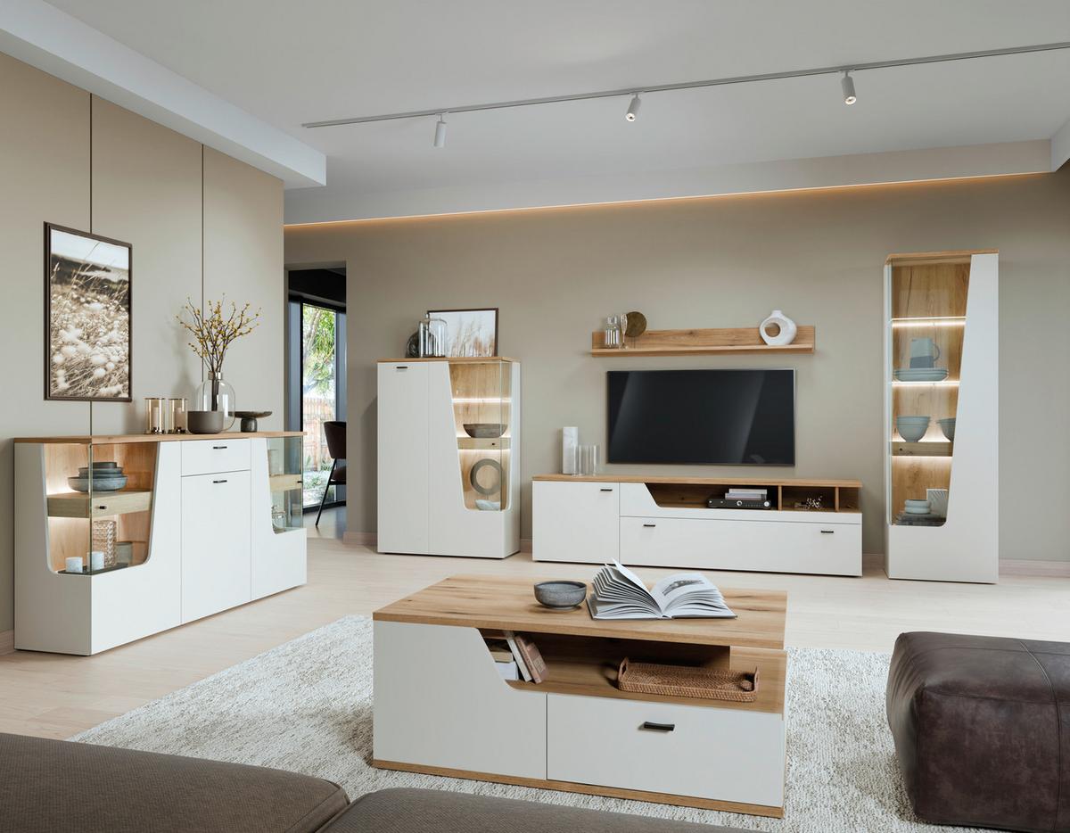 Comodă CUT OUT - cașmir/culoare lemn stejar, Modern, sticlă/material pe bază de lemn (190/90/40cm) - Premium Living