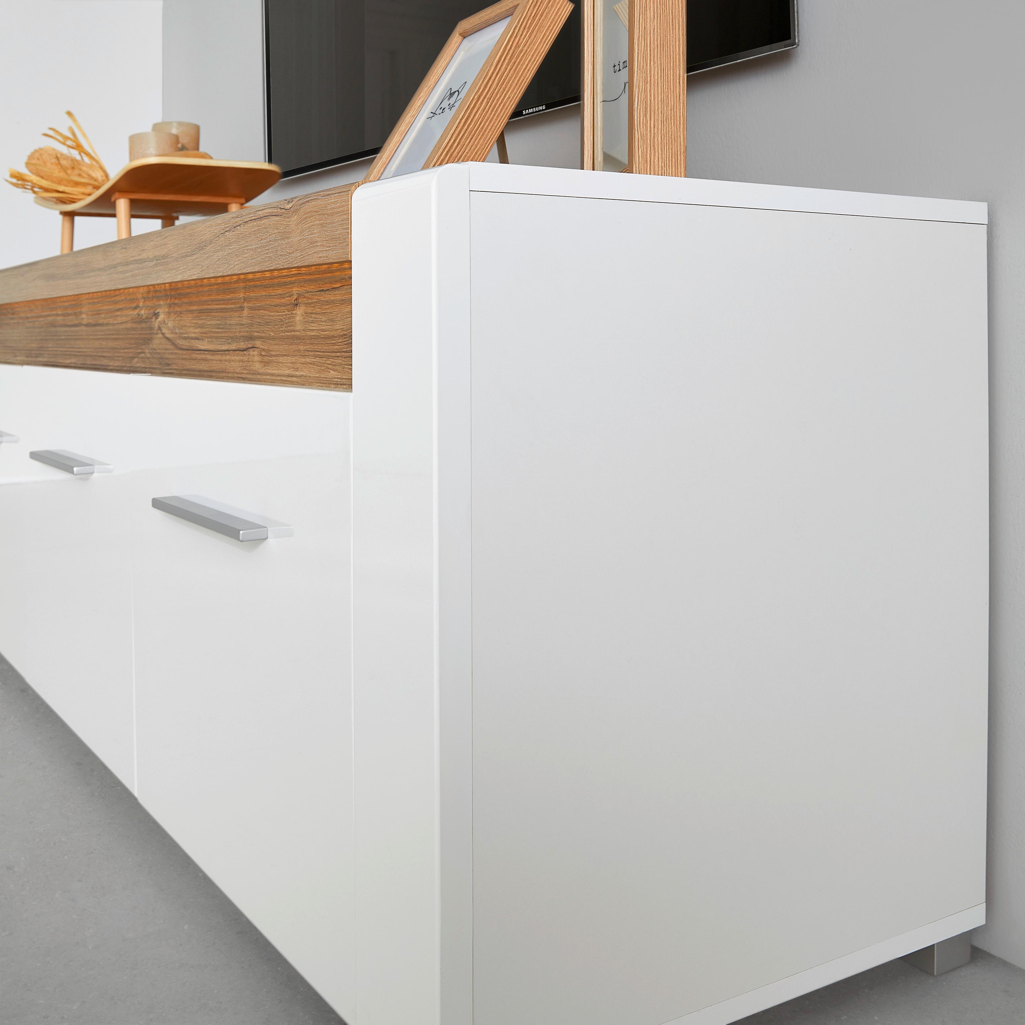 MEDIABÄNK LEONARDO - vit/kromfärg, Modern, metall/trämaterial (160/56/45cm) - Mömax