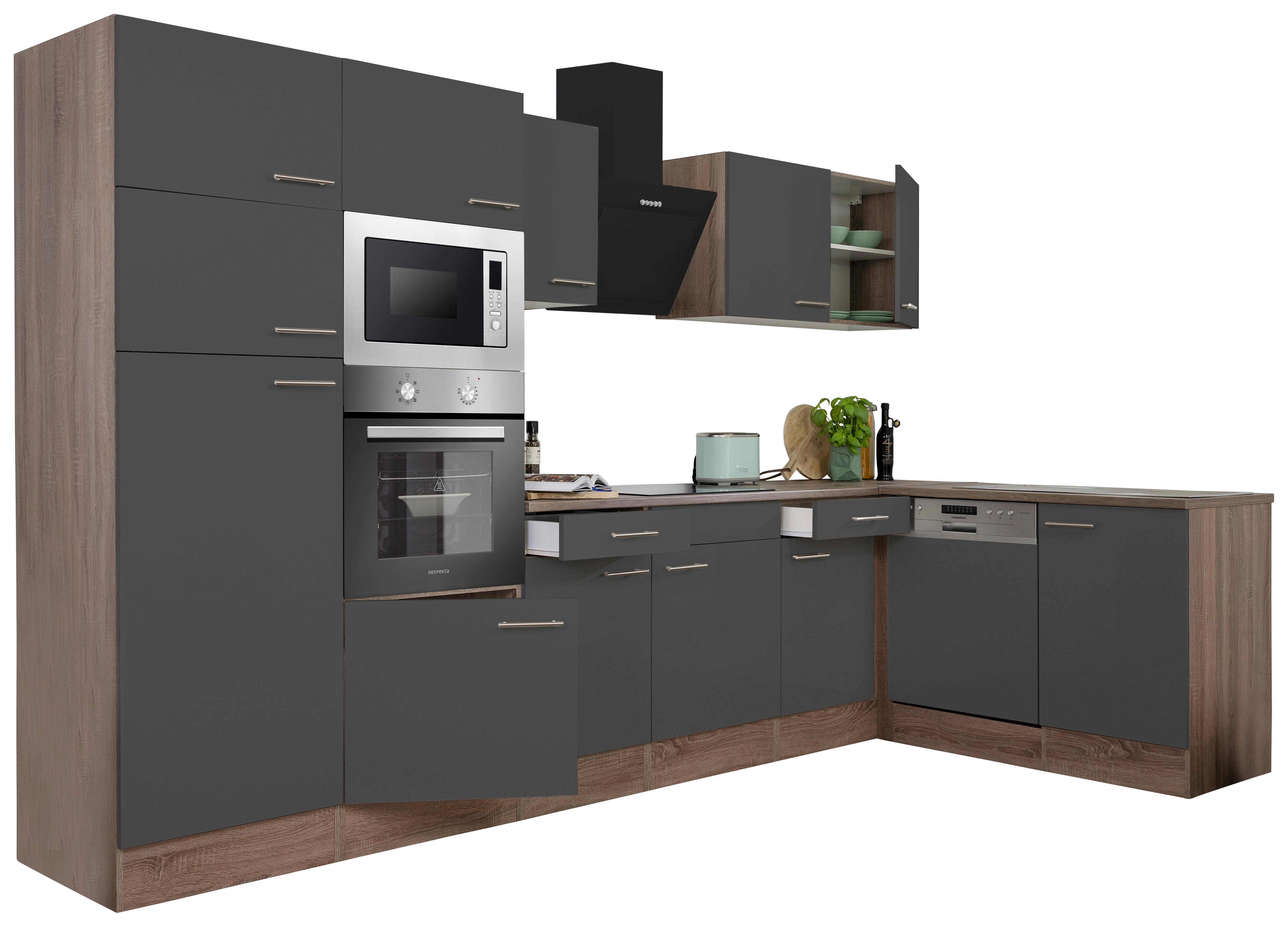 Eckküche Oliver mit Geräten ca. 340x172 cm Grau - Eichefarben/Grau, Basics, Holzwerkstoff/Metall (340/172cm) - Respekta