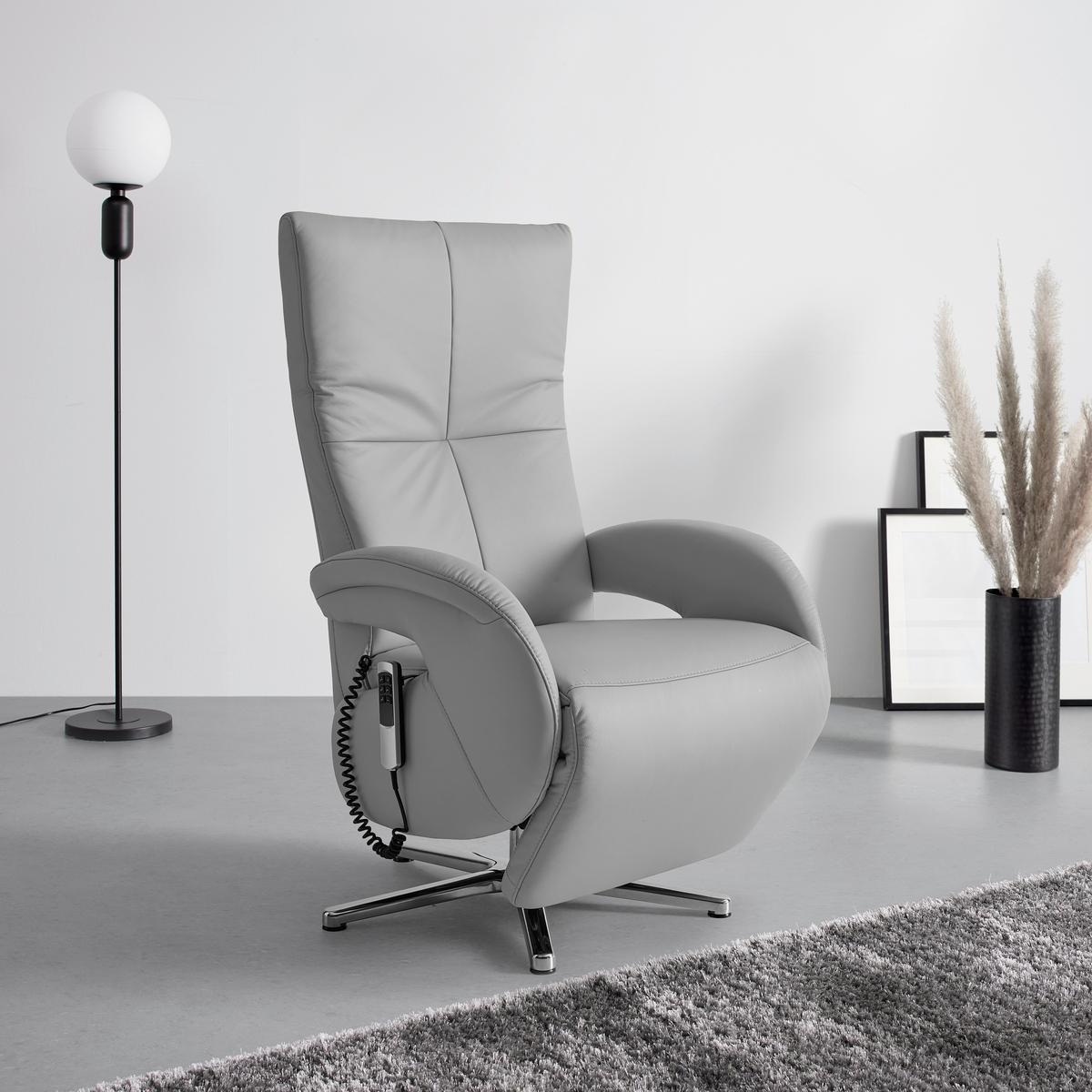 Relaxsessel Sitting 2 Grauweiß - Chromfarben/Grauweiß, MODERN, Leder (70/111/80cm) - Premium Living