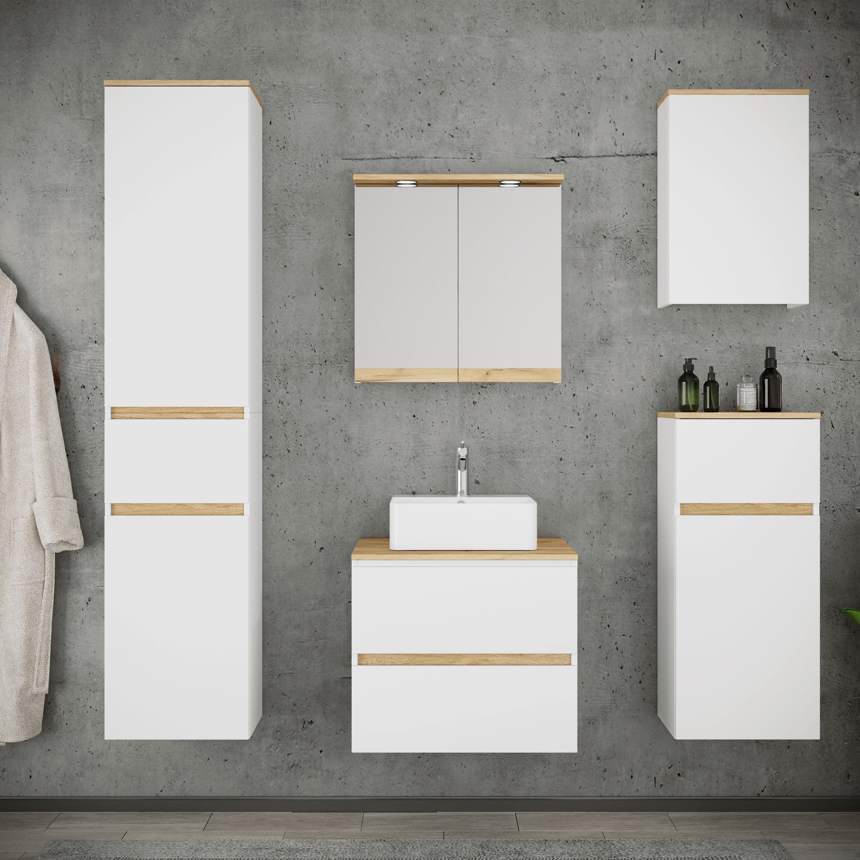 Badezimmer Cosila - Honigeiche/Weiss, Trend, Keramik/Holzwerkstoff (140cm) - MID.YOU