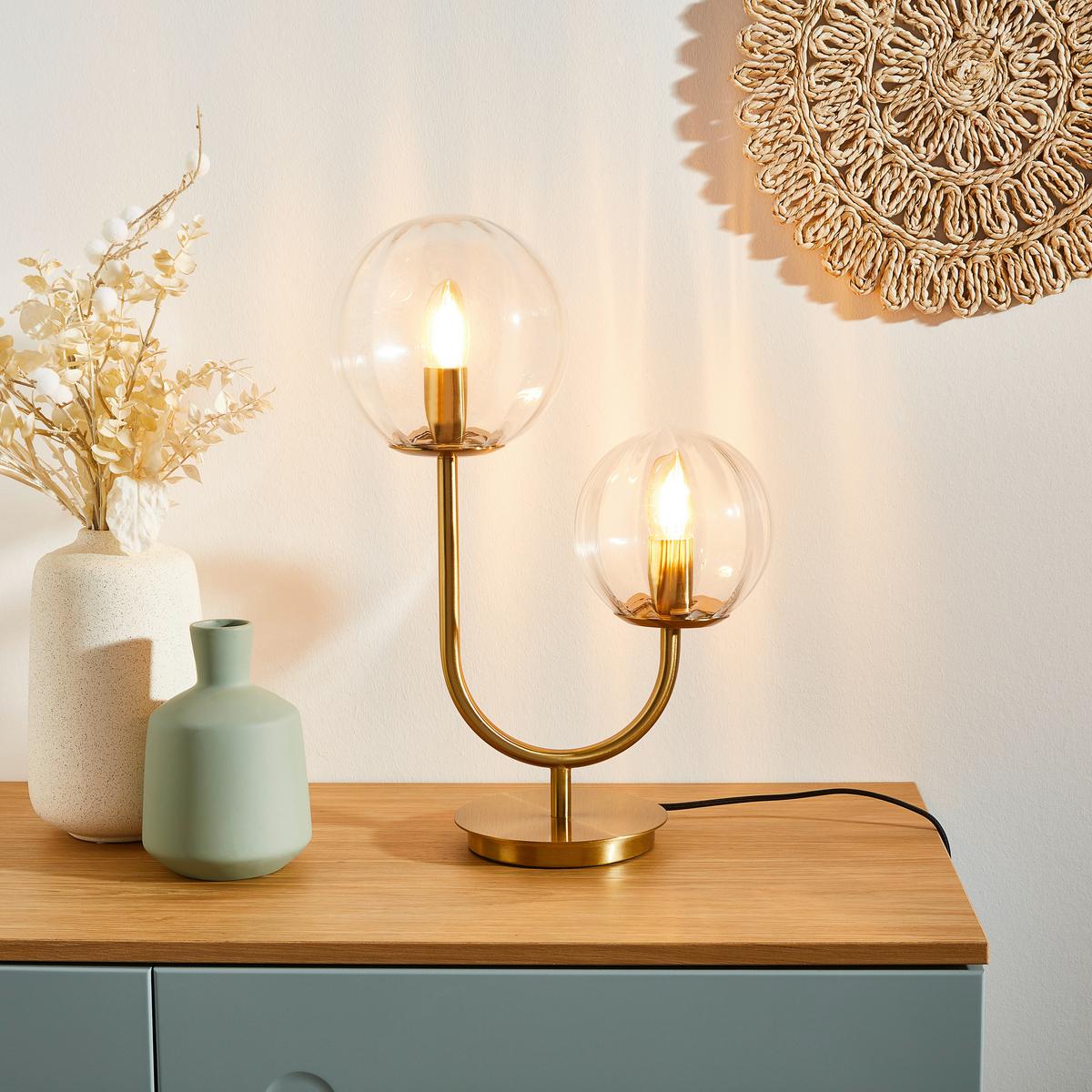 LAMPA STOŁOWA DOUBLE BUBBLE - przejrzysty/złoty, Trend, metal/szkło (33/18/43cm) - Light & Living