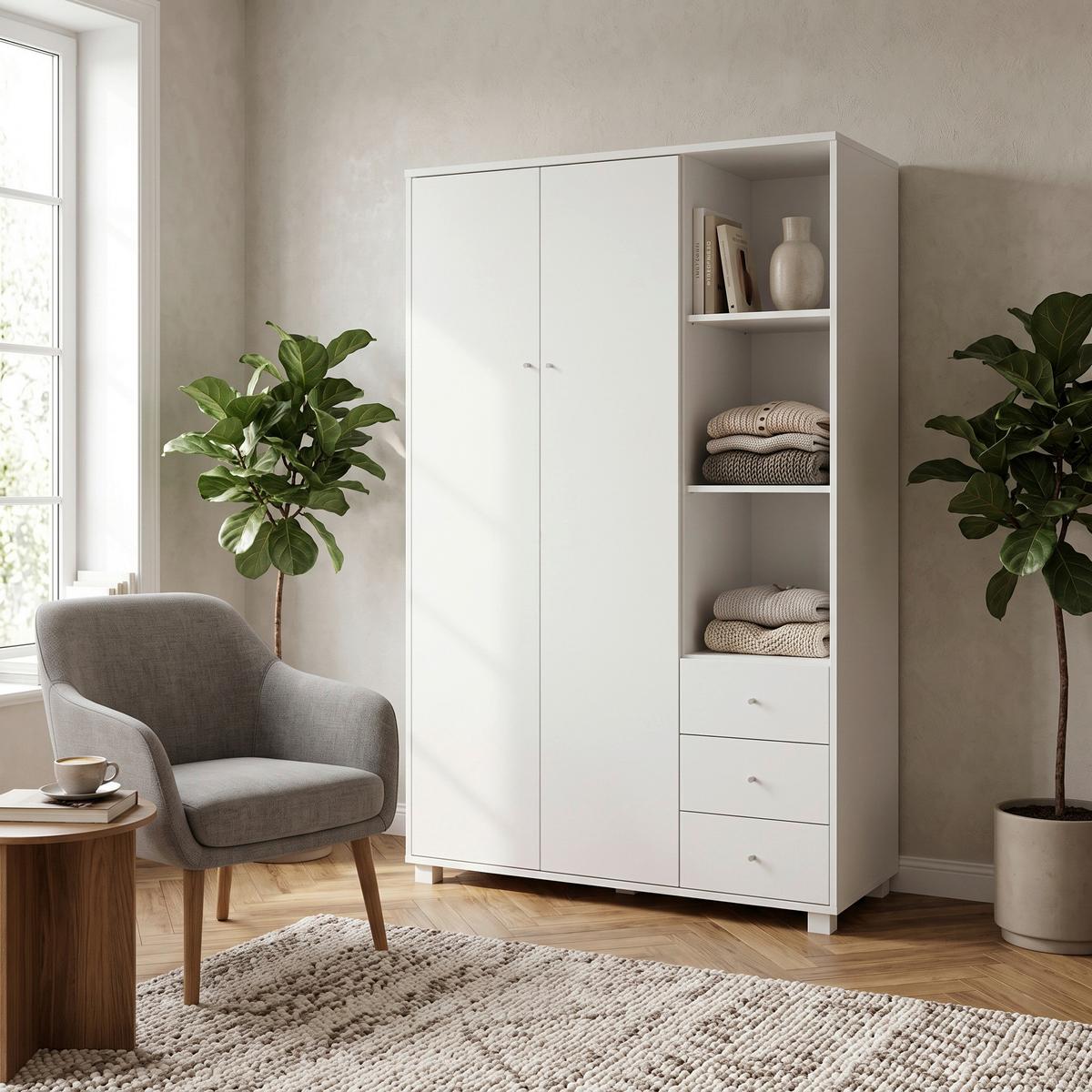 Drehtürenschrank Milo Weiß ca. 115x176x55 cm - Silberfarben/Weiß, MODERN, Holz/Metall (115/176/55cm) - Bessagi Home