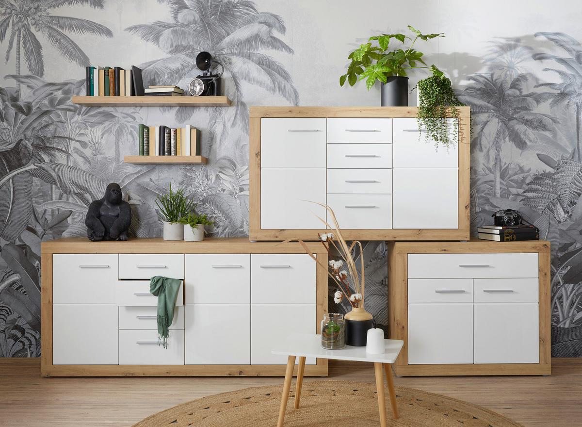 Sideboard Malta in Weiß/Eichefarben - Chromfarben/Eichefarben, KONVENTIONELL, Holzwerkstoff/Kunststoff (179/86/40cm) - Mömax