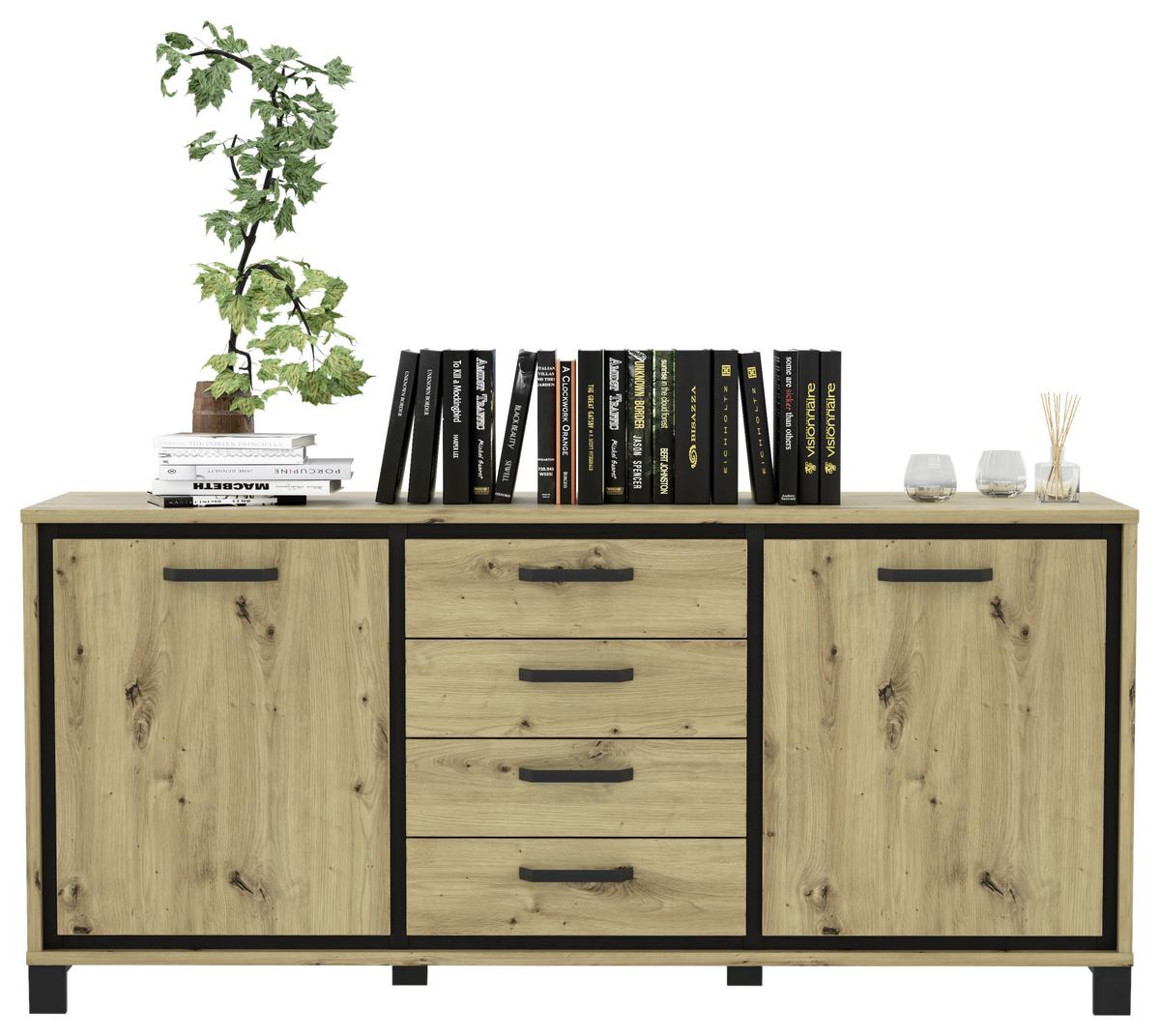Sideboard "Trondheim" , Schwarz, Eiche - Eichefarben/Schwarz, Basics, Holzwerkstoff/Kunststoff (178.4cm) - Livetastic