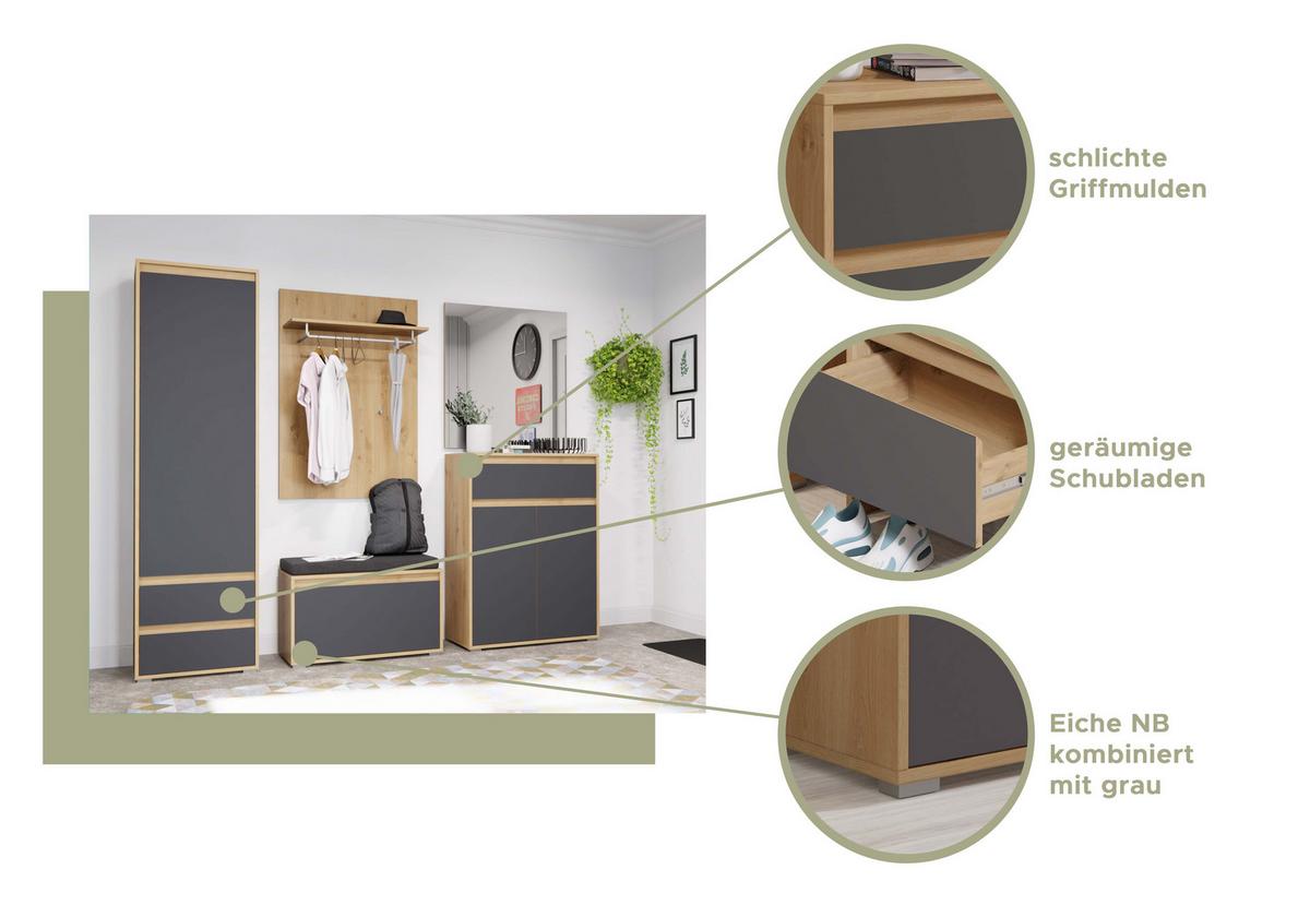 Garderobe Torino ca. 90x180 cm Eiche/Grau - Eiche Artisan/Grau, MODERN, Glas/Holzwerkstoff (90/180/39cm) - MID.YOU