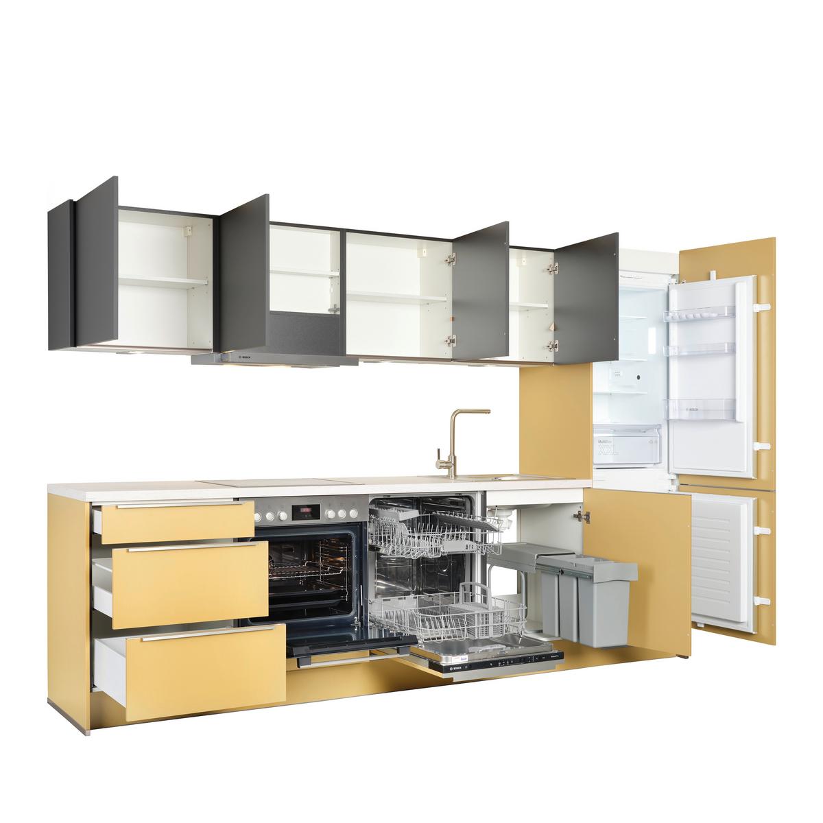 Küchenblock inkl. 4 E-Geräte PN105/210 in Caramel - Edelstahlfarben/Graphitfarben, MODERN, Holzwerkstoff (305cm) - Pino