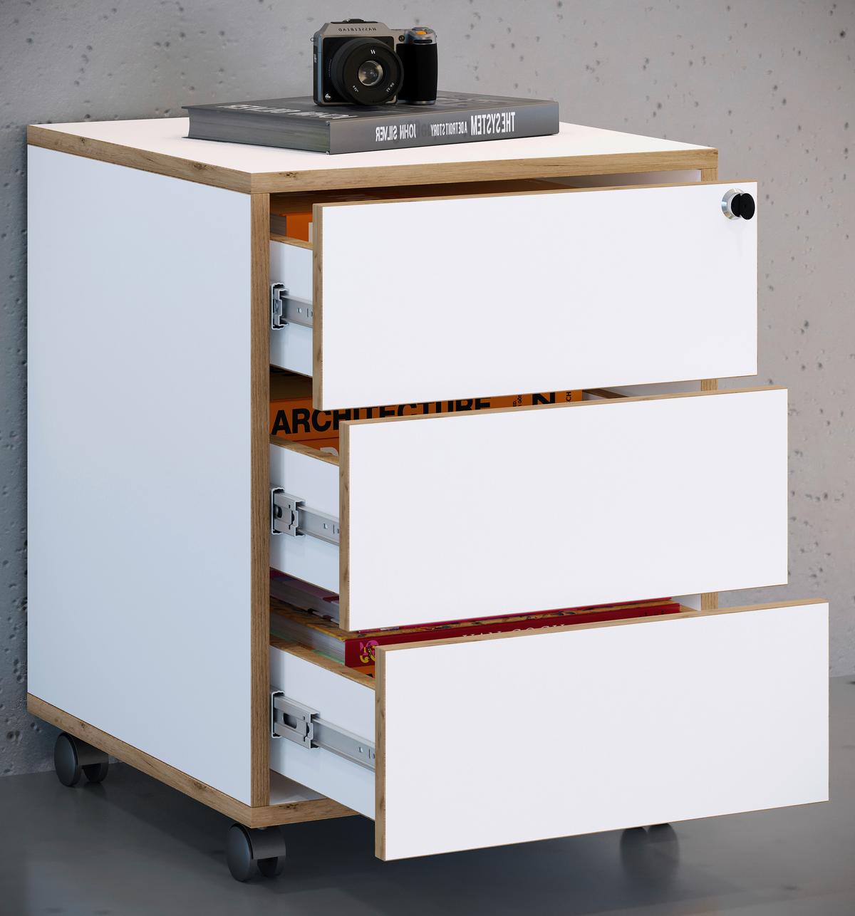 Predalnik Na Kolescih Salia T45, Bela, Barva Hrasta - črna/bela, Design, umetna masa/leseni material (42/50/45cm) - MID.YOU