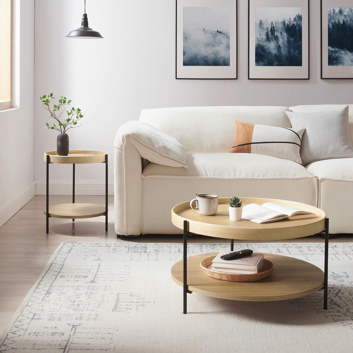 Set Klubskih Mizic Rund, Barva Hrasta, 2-Delni - črna/barve hrasta, Design, kovina/leseni material (44-69/44-69/49-39cm) - Livetastic