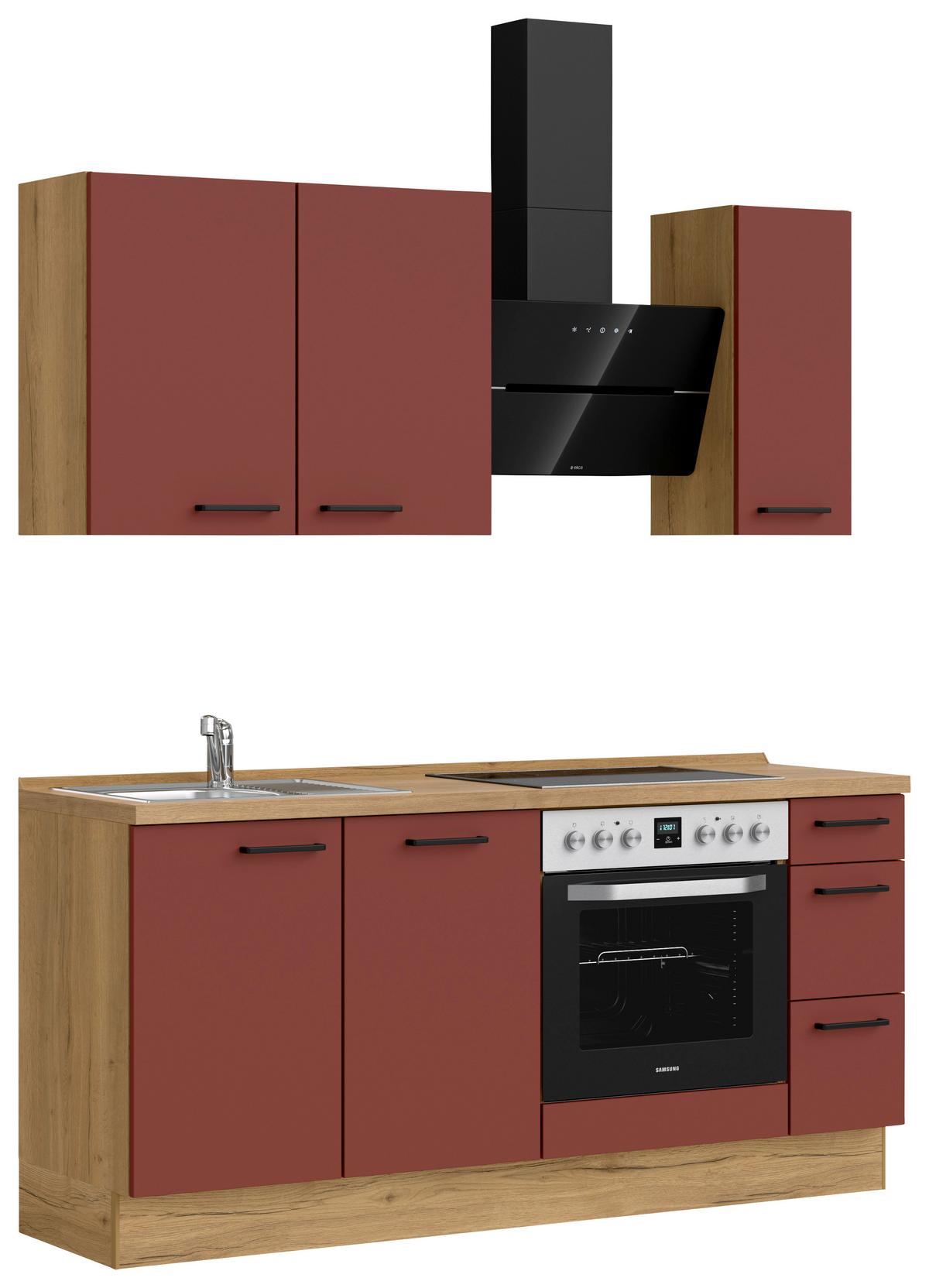 Küchenblock Easytouch High m. Geräten Dunkelrot - Eichefarben/Schwarz, MODERN, Holzwerkstoff/Metall (180cm) - Nobilia