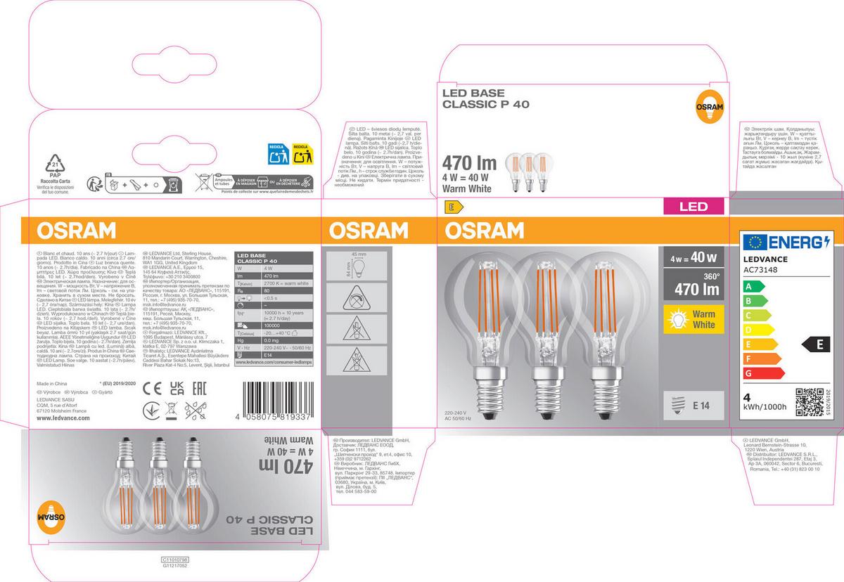 ŻARÓWKA LED FILAMENT BASECLP40 4W-827 FIL - przejrzysty, Basics, szkło (4,5/8,4cm) - Osram