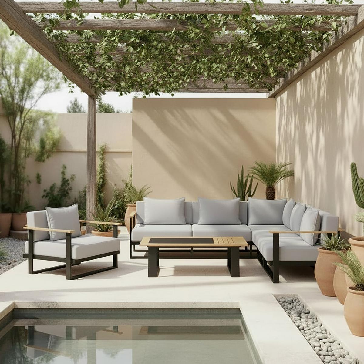 Loungegarnitur Fabrizia Grau Outdoorstoff/Metall/Holz - Grau, MODERN, Holz/Textil - Bessagi Garden